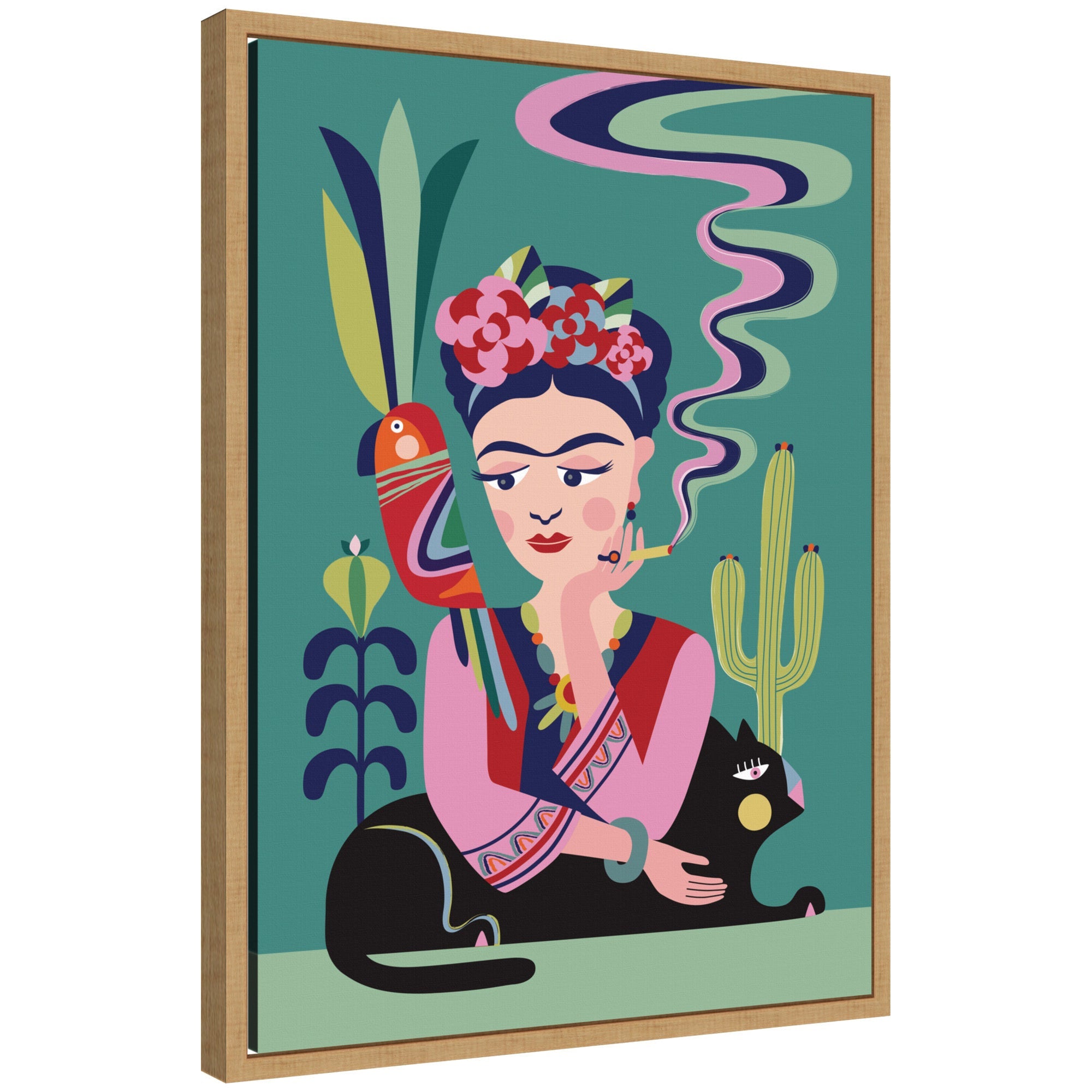 Framed canvas art titled 'Sylvie Frida Kahlo and the Black Cat' by Rachel Lee, showing colorful abstract depiction with a black cat.