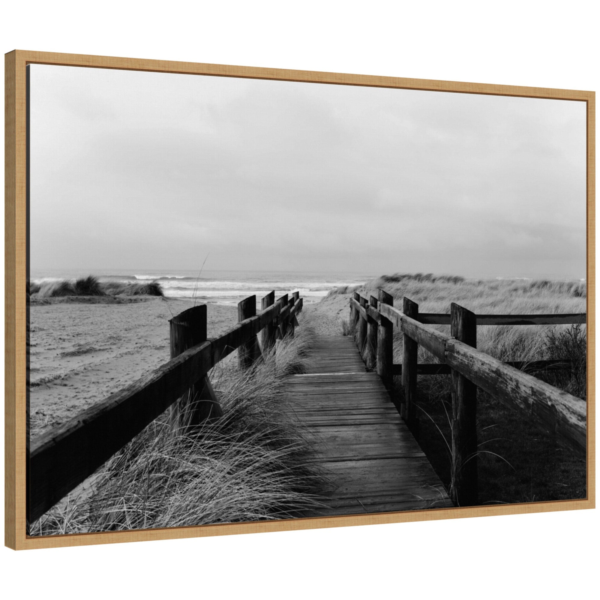 Black and white framed canvas print of coastal beach boardwalk by Patricia Hasz