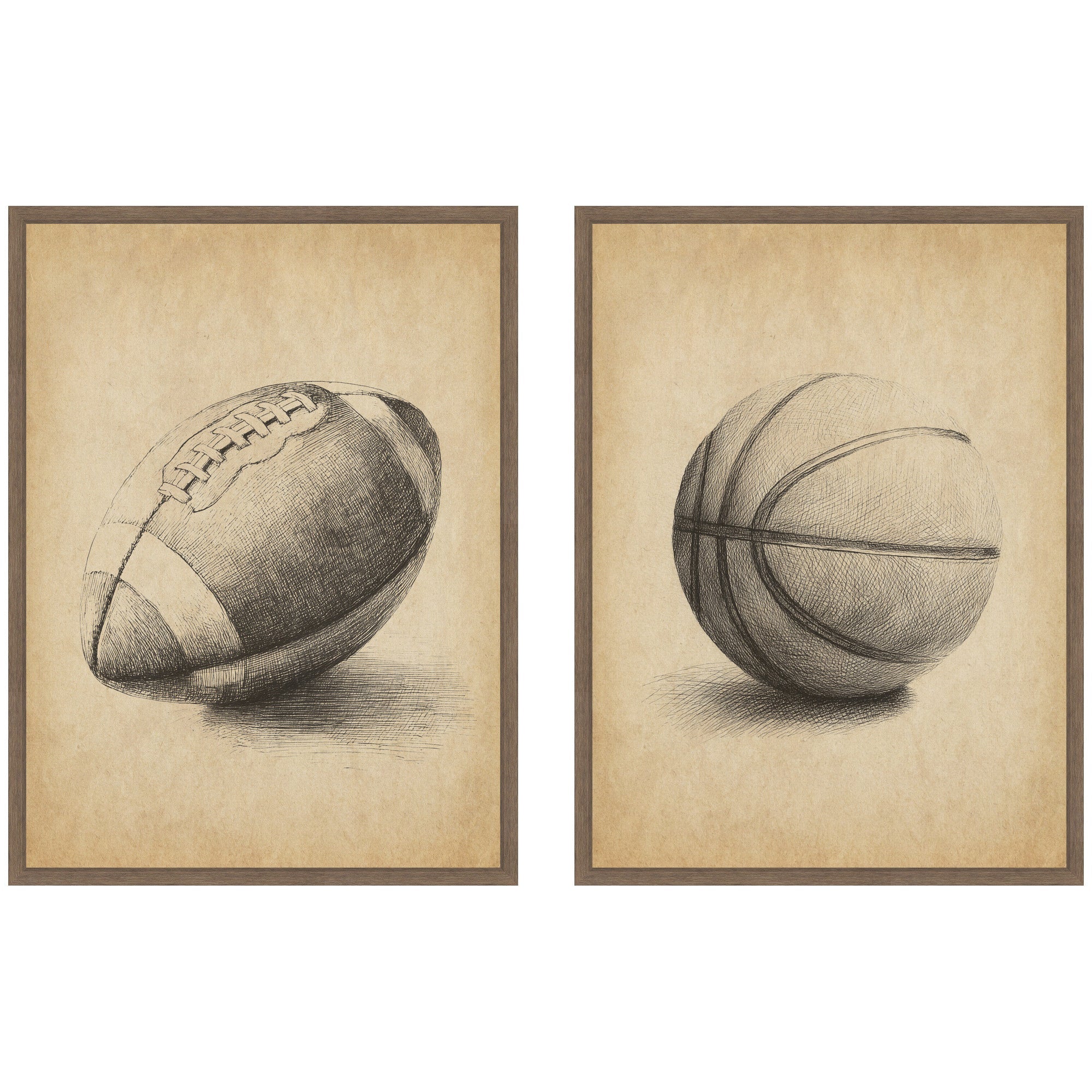 Vintage Football & Basketball 2 Piece Framed Canvas Wall Art Set by The Creative Bunch Studio