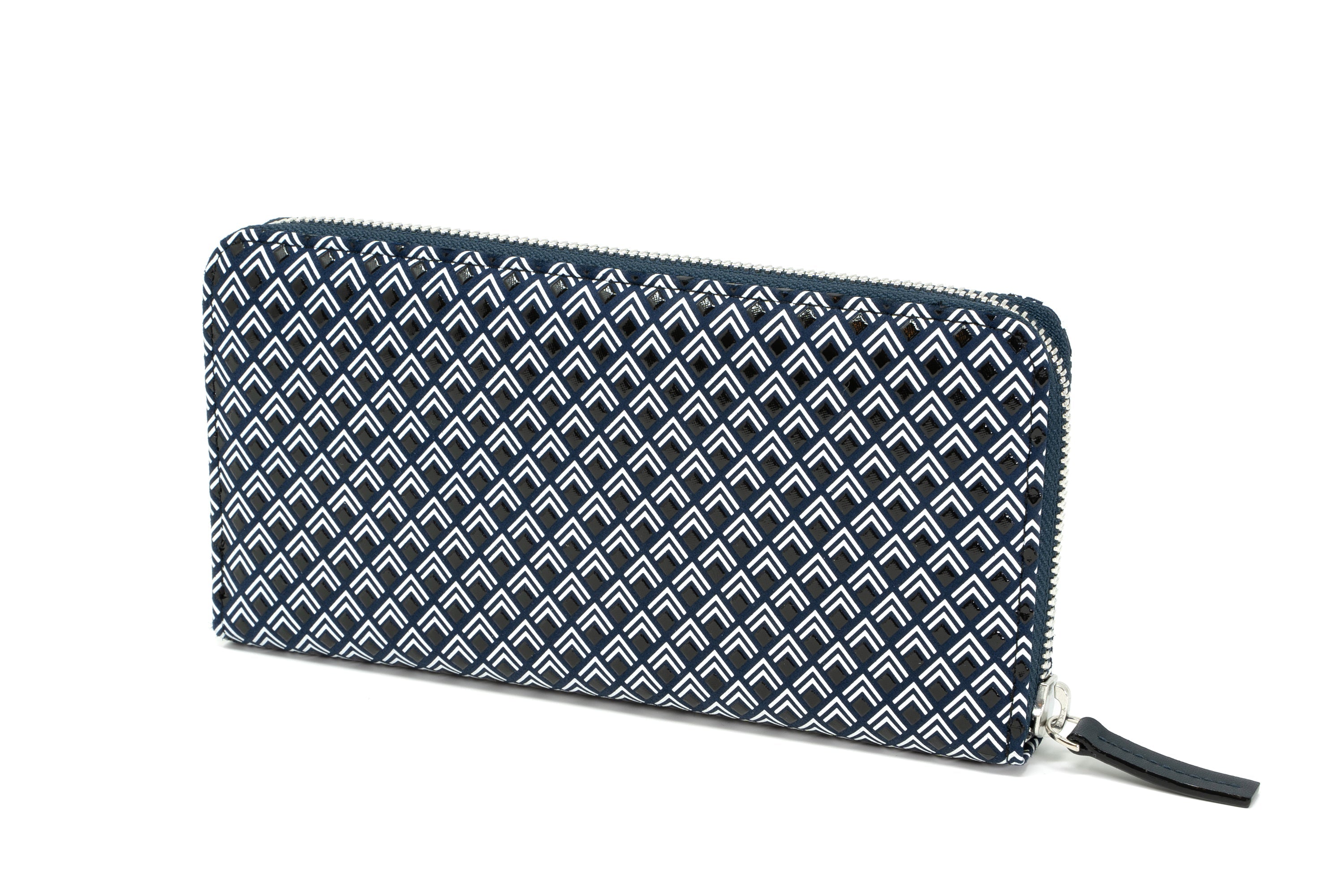 Inden Zipped Long Wallet in Navy x White with White Frame diamond pattern, shown closed and open