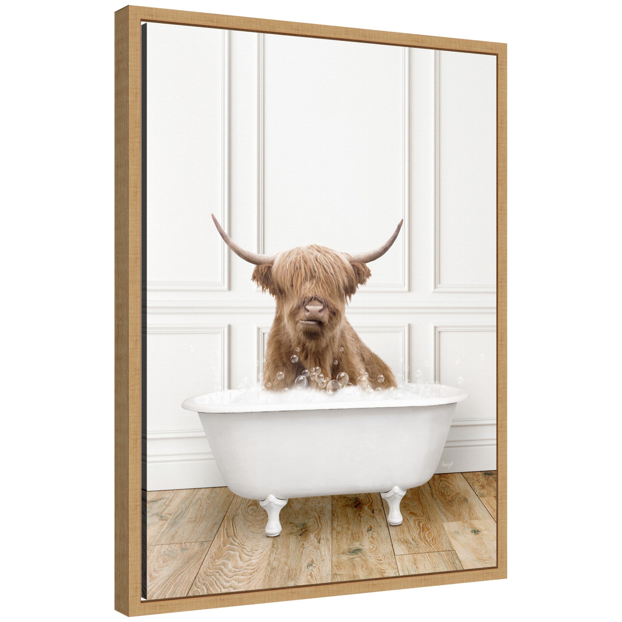 Framed canvas artwork showing Sylvie Highland cow sitting in a vintage bathtub
