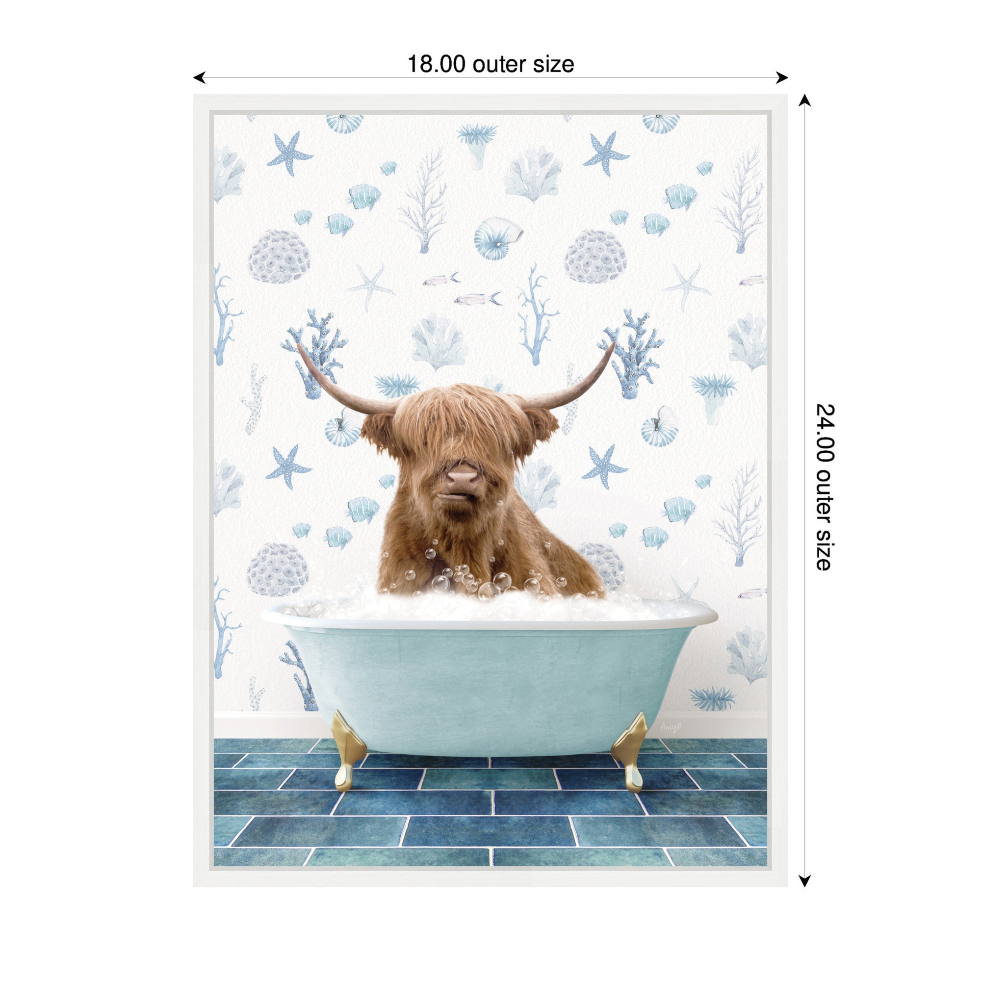 Sylvie Highland Cow in Under the Sea Bathtub Framed Canvas by Amy Peterson