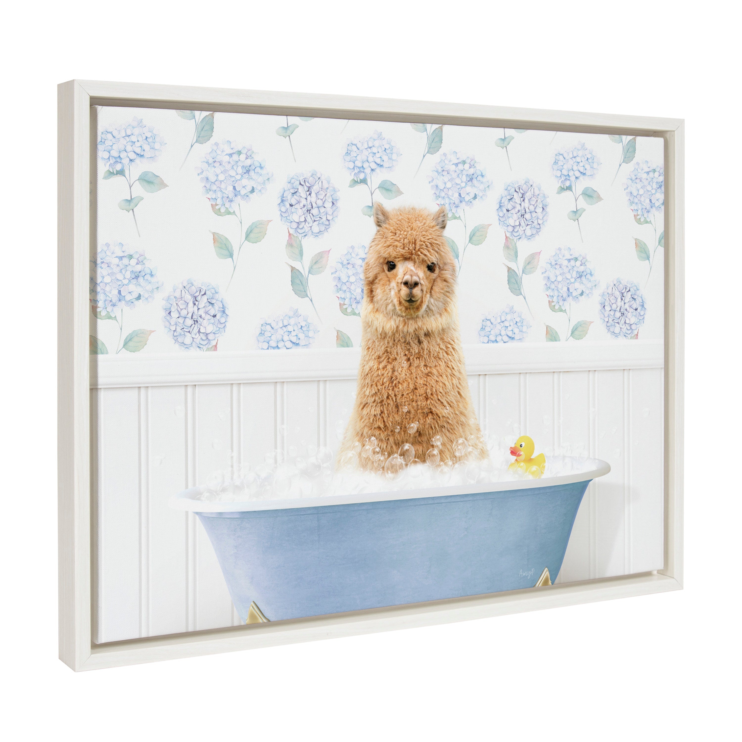 Sylvie Baby Alpaca in Hydrangea Bubble Bathtub Framed Canvas by Amy Peterson