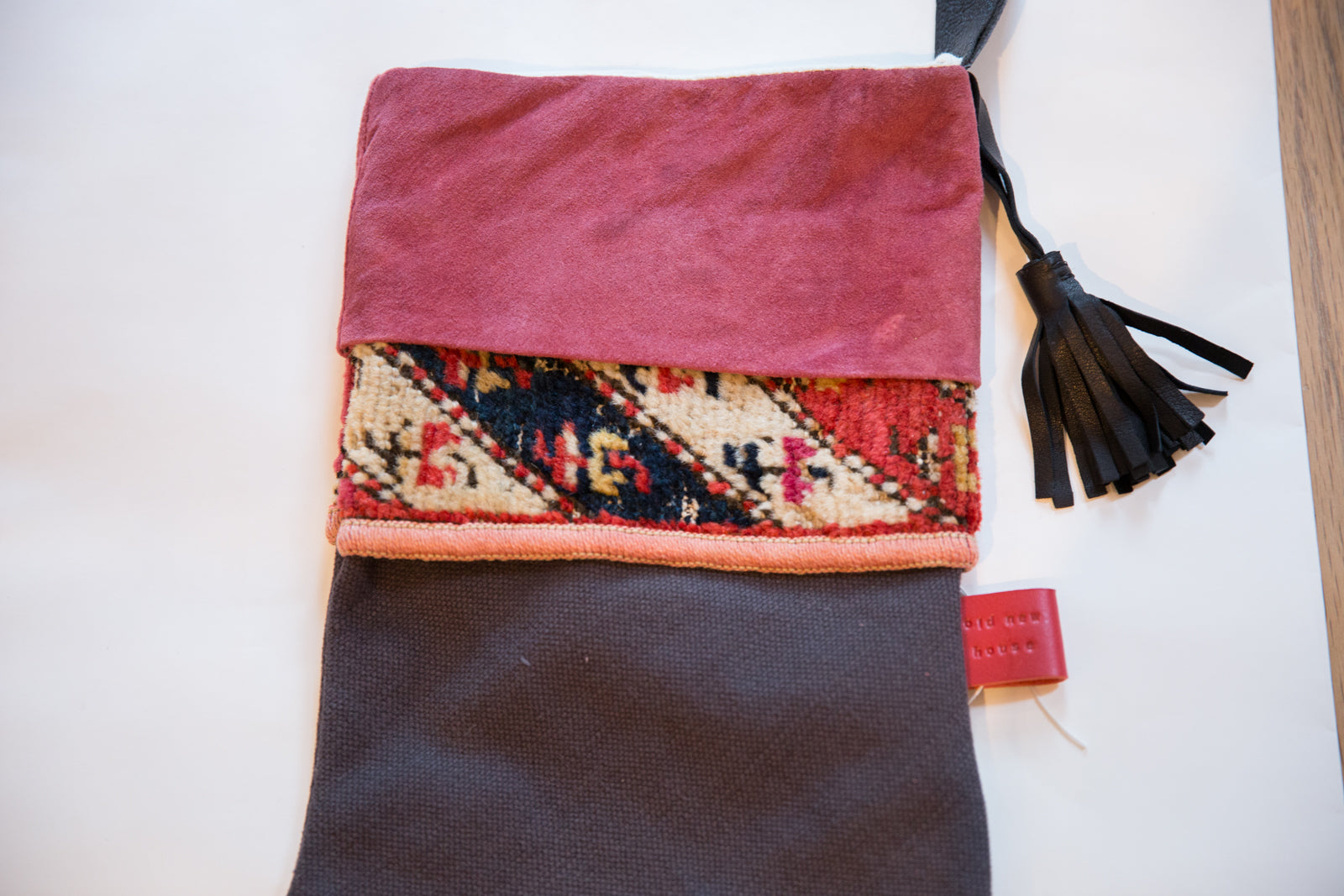 Antique Rug Fragment Stocking Fuchsia Suede