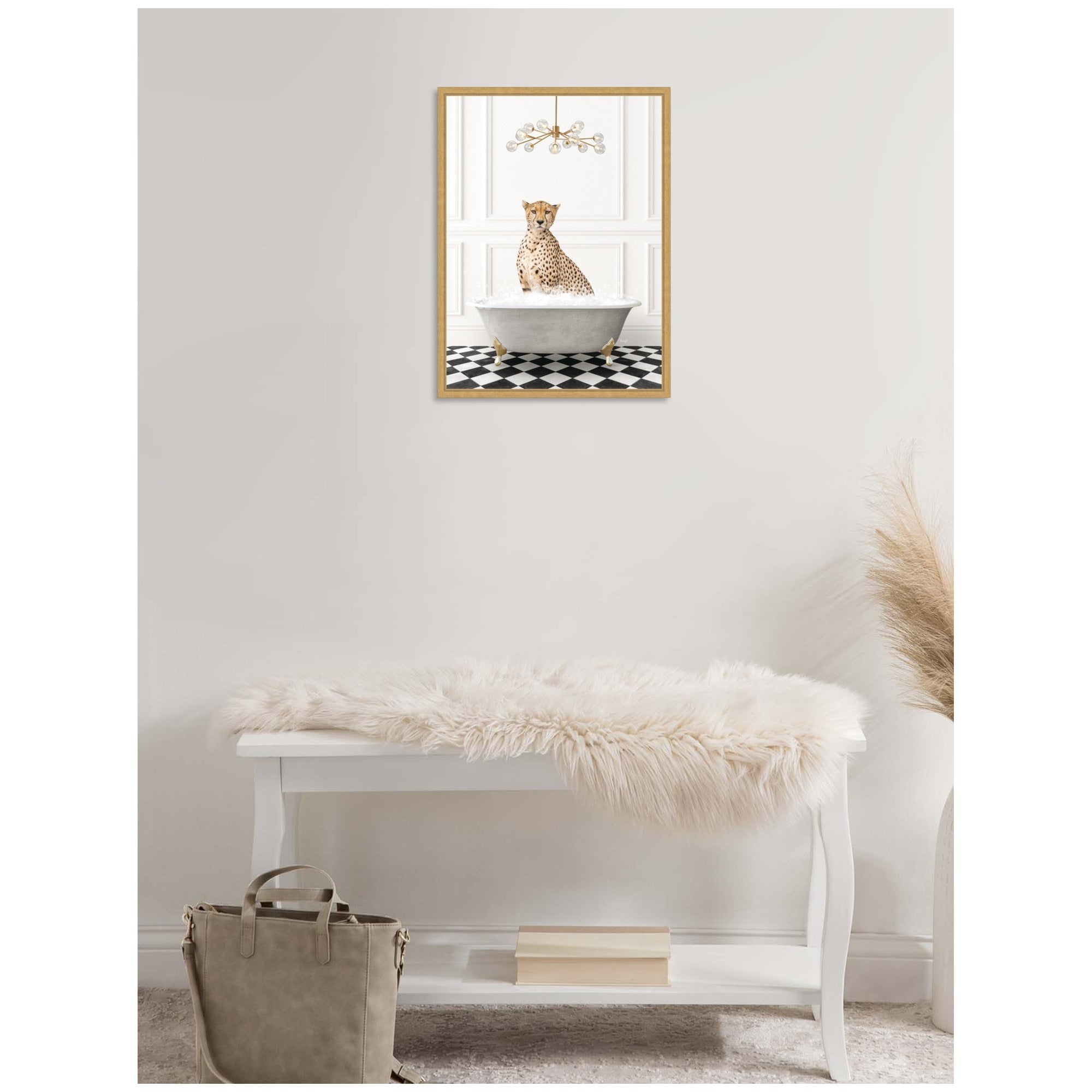 Sylvie Cheetah in Gray Bathtub on Checker Floor Framed Canvas by Amy Peterson