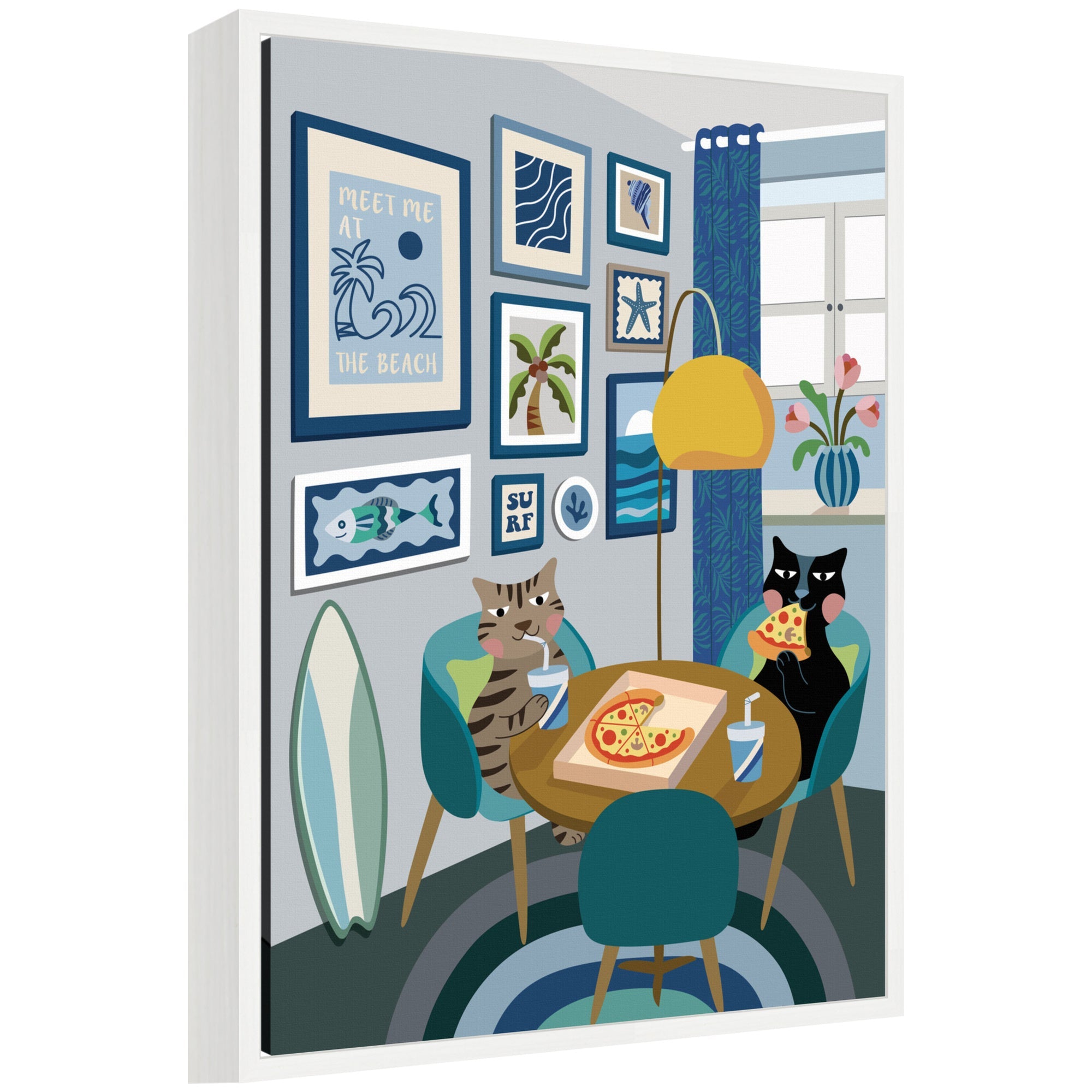 Pizza Cats framed canvas wall art print featuring illustrated cats with pizza slices, in a white Sylvie frame