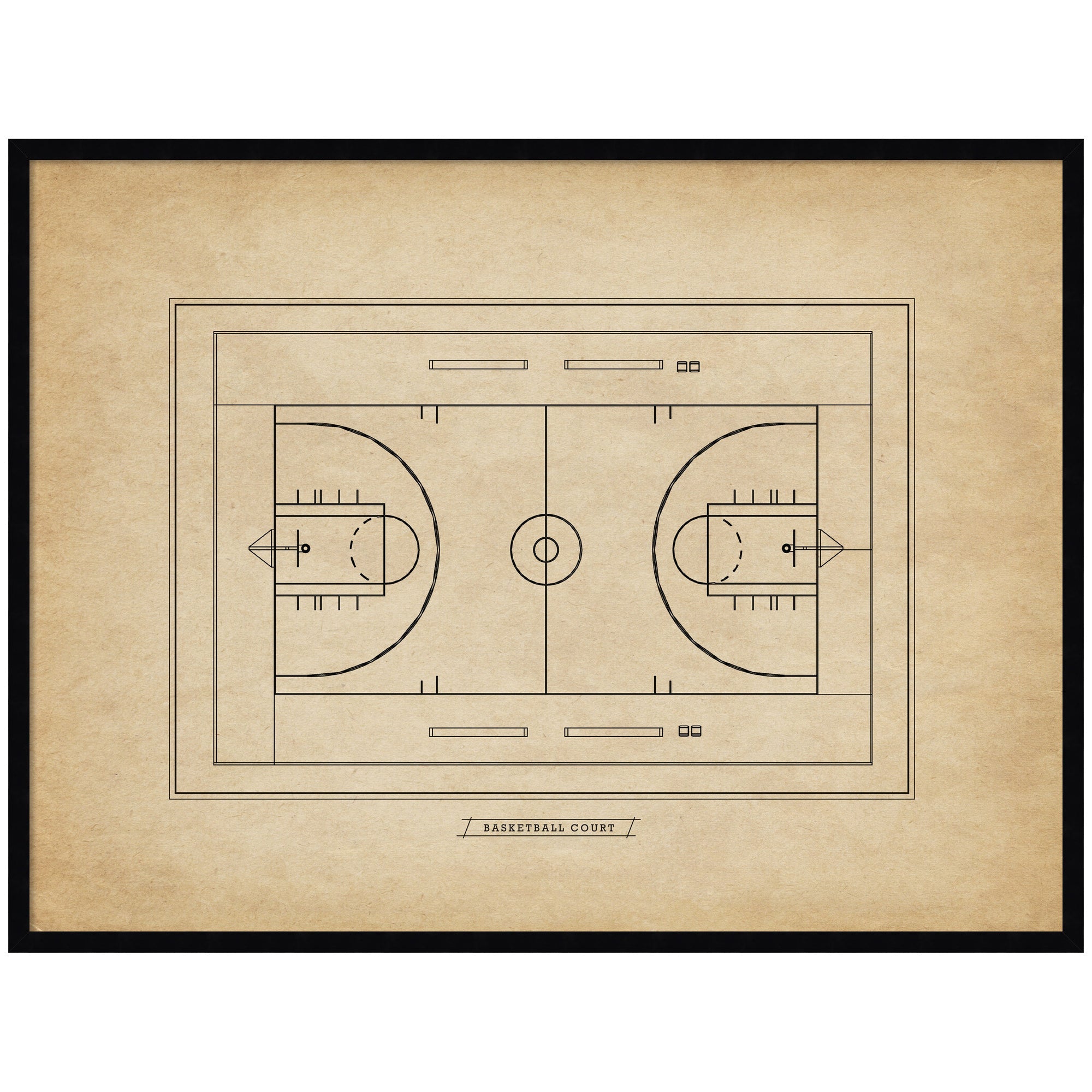 Vintage Sports Basketball Court Diagram Horizontal Framed Wall Art Print