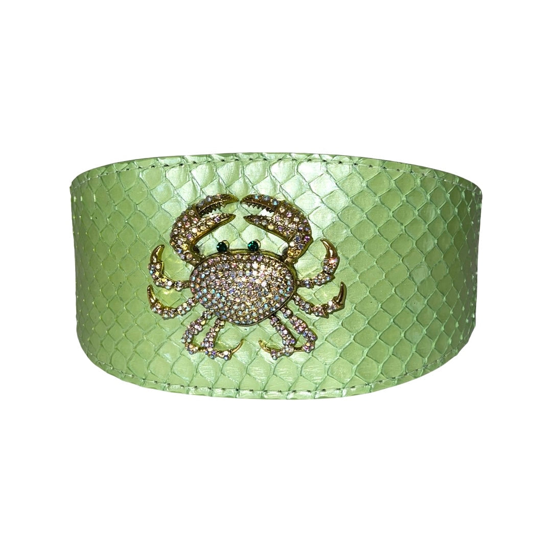 Pearl Green Snake Wide Style Collar featuring a rhinestone crab accessory