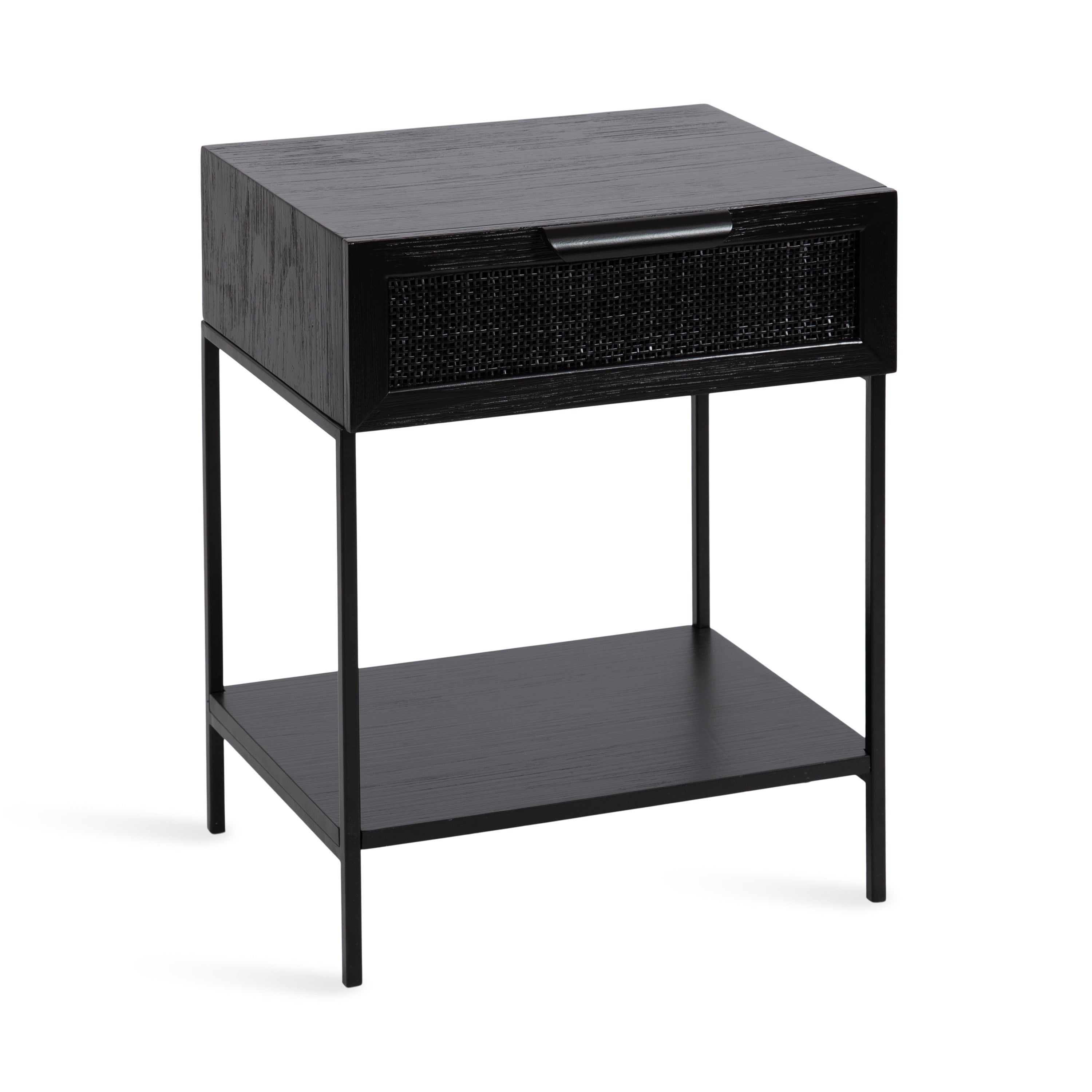 Ori Wood and Cane Side Table in black, featuring a cane rattan pull drawer and a two-tiered design in a modern interior setting.