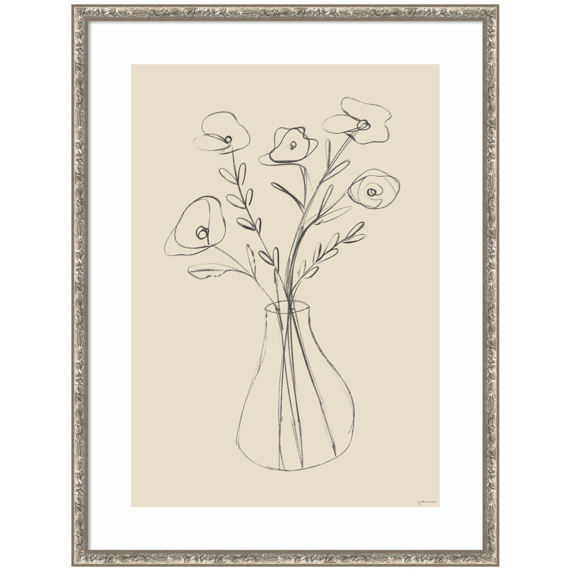 Floral Vase by Gabrielly Guedes framed wall art print showing a still life of a floral vase in a softly lit room