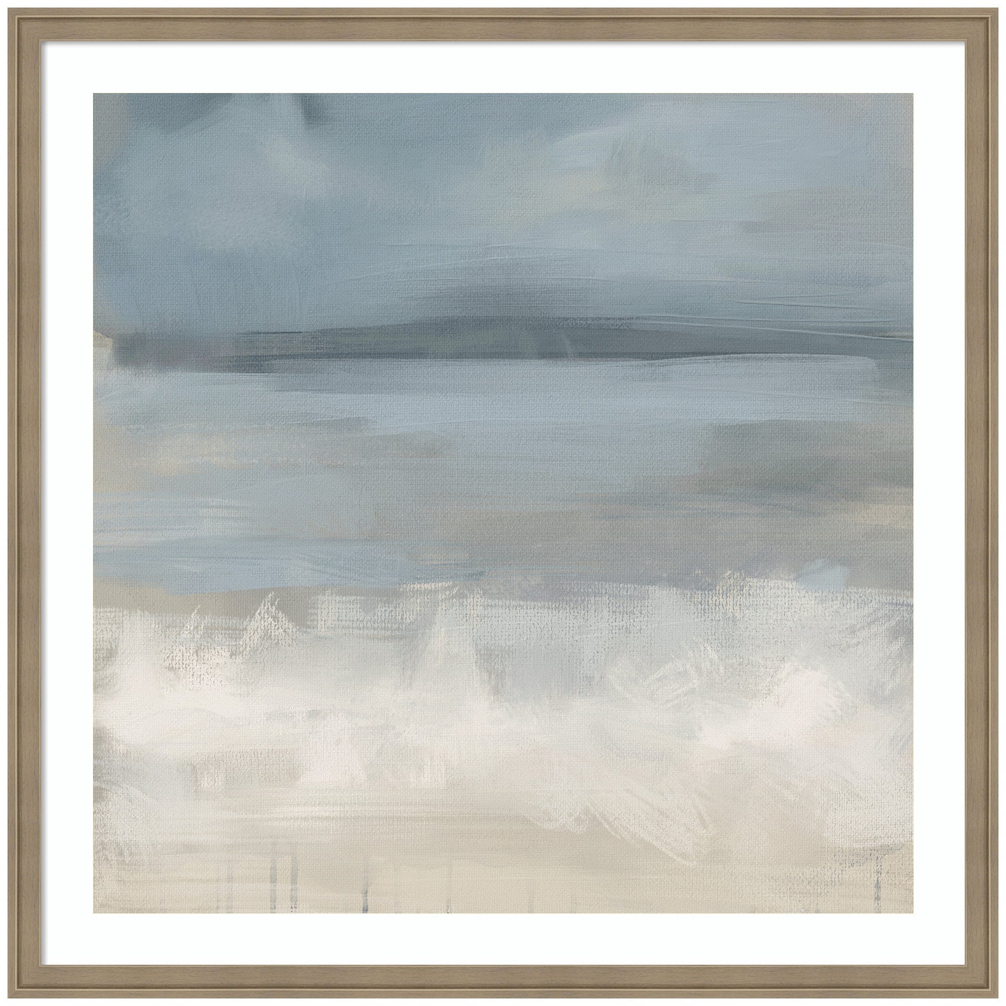 The Blues by Mary Sparrow framed wall art print showing abstract blue-toned imagery in a silver frame, square format
