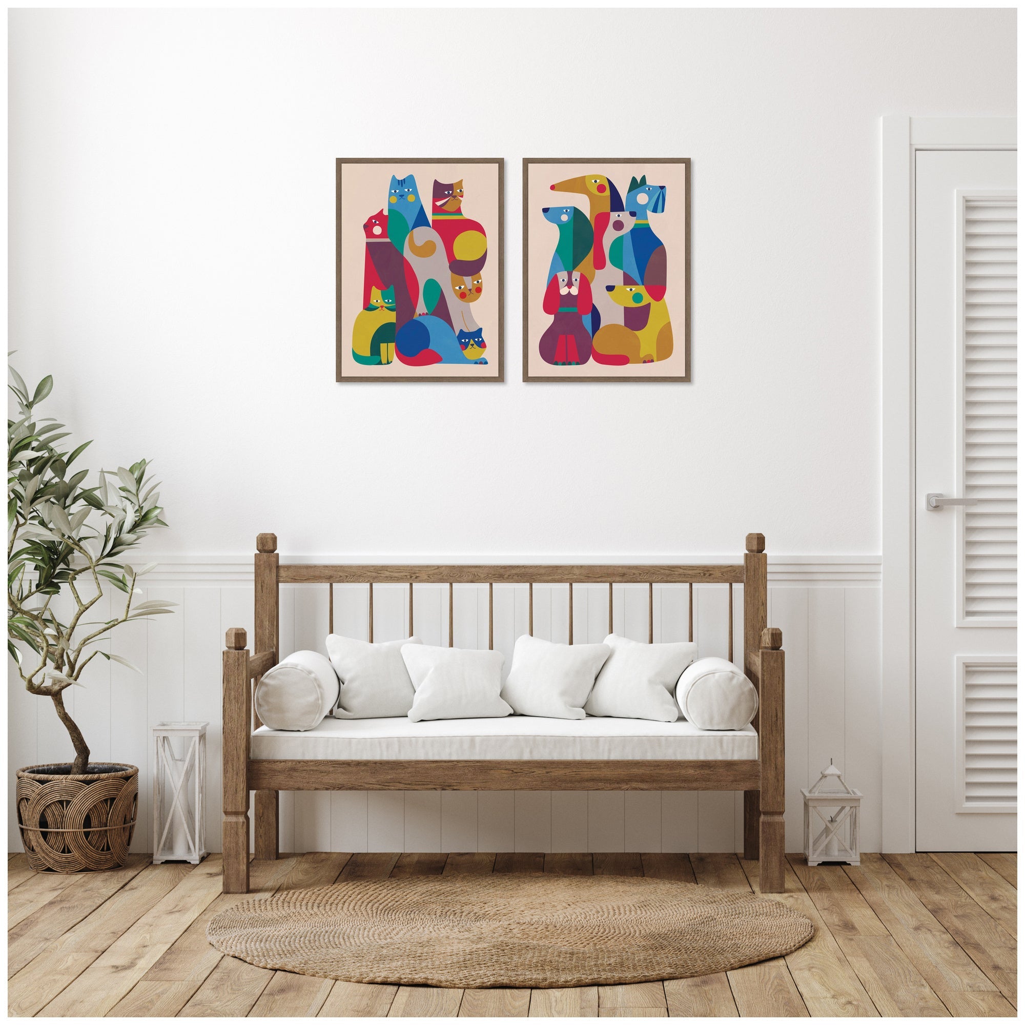 Retro Cats & Dogs 2 Piece Framed Canvas Wall Art Set by Rachel Lee