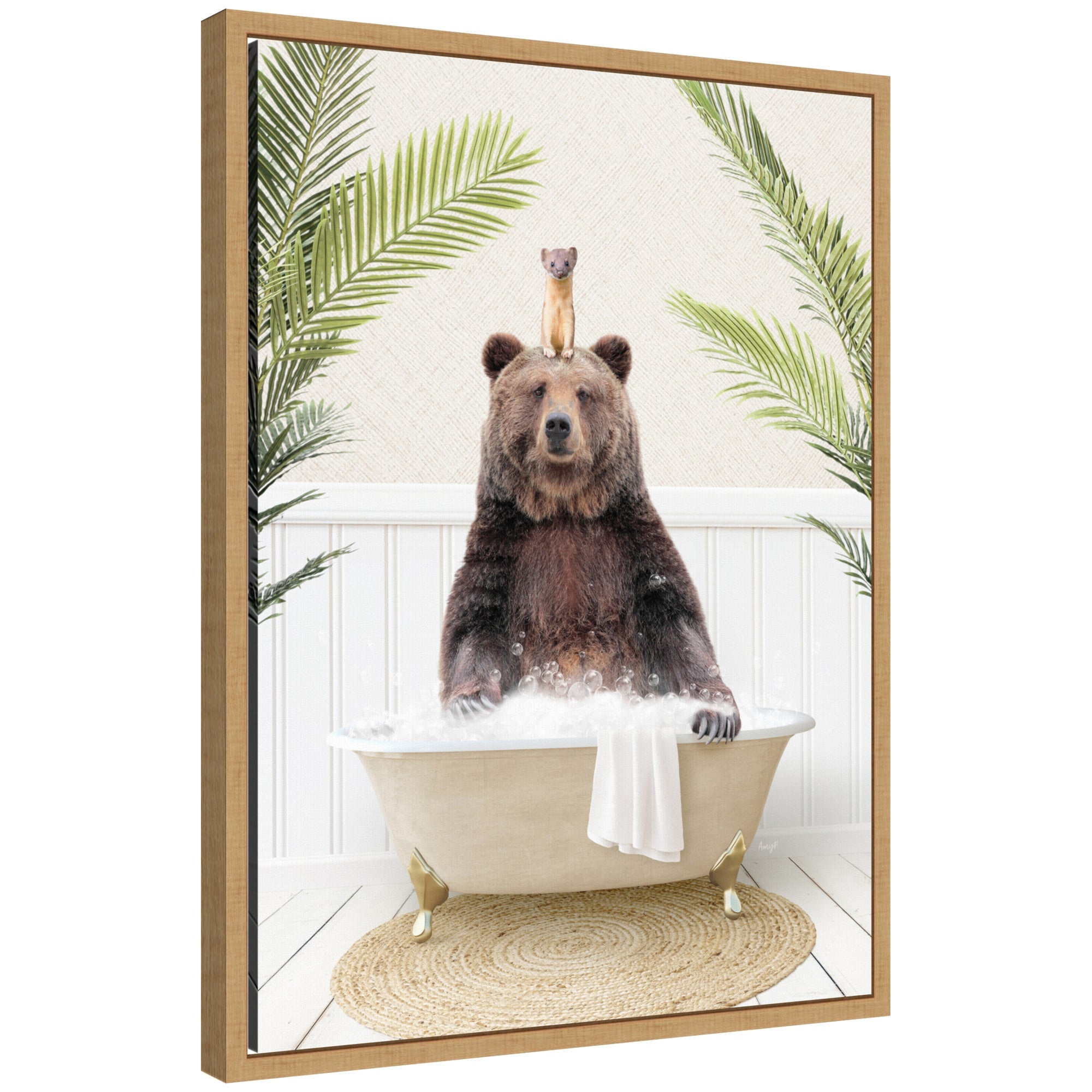 Sylvie Bear and Weasel in Palms Bathtub framed canvas art by Amy Peterson showcasing bear and weasel near palm plants