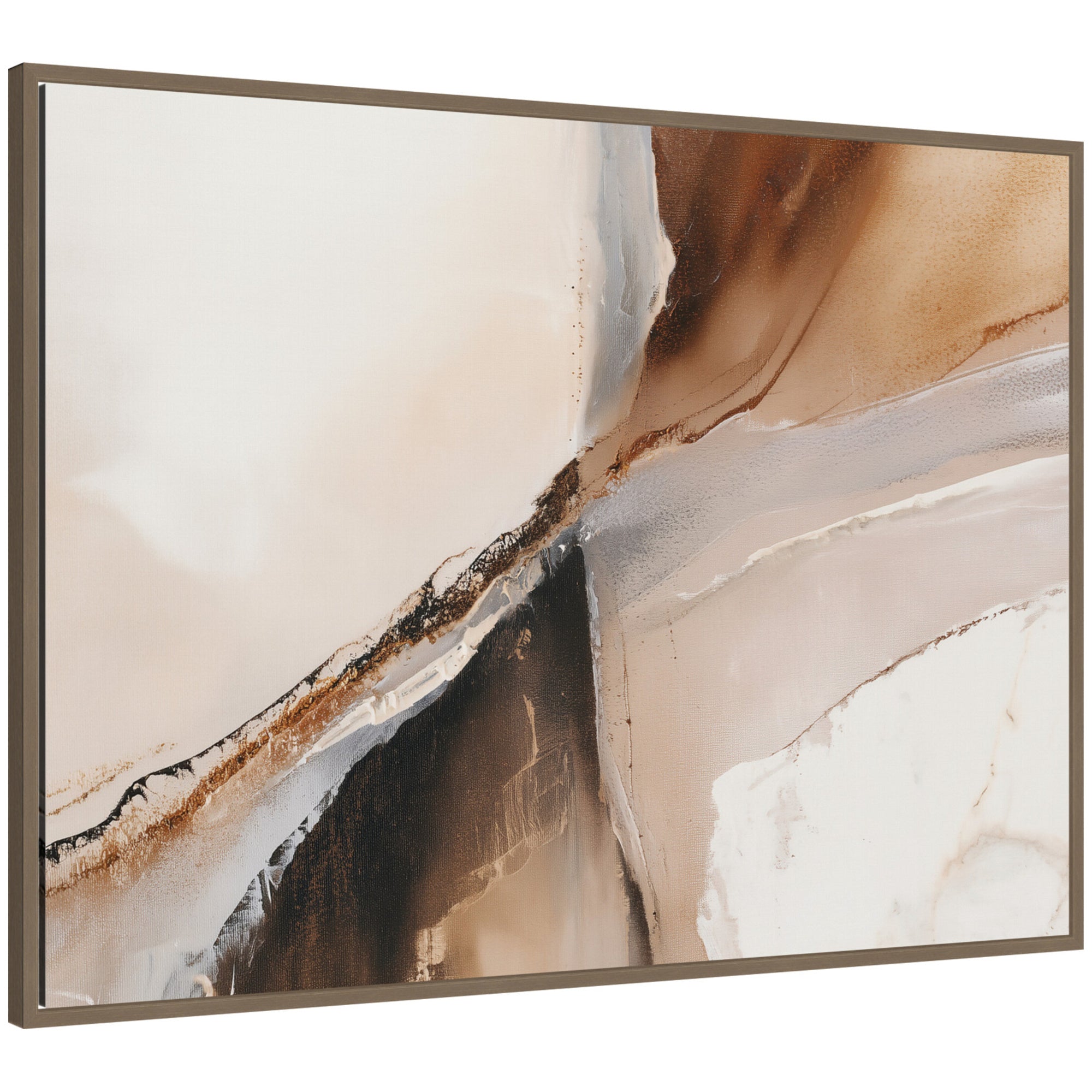 Element II by Amy Lighthall framed canvas wall art print depicting abstract forms in dark gold tones, displayed on a white wall.