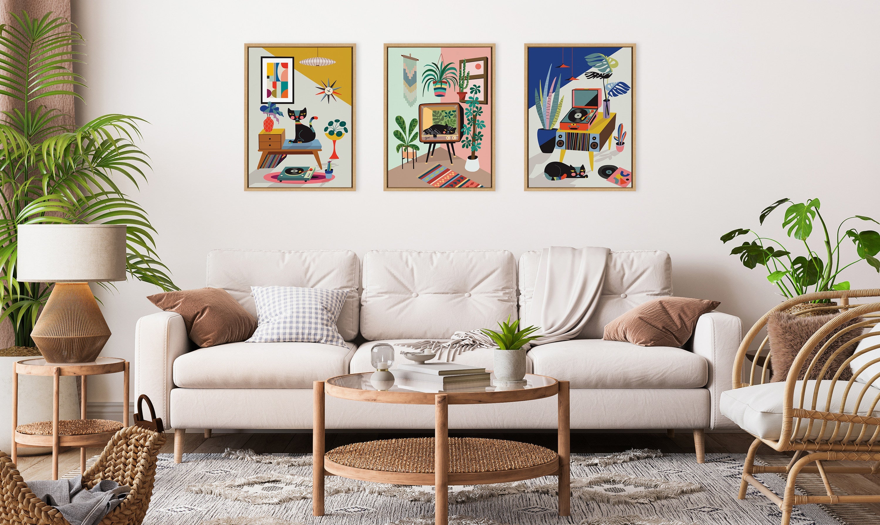 Sylvie Record Player, TV Cat Bed and Chill Out Saturday Framed Canvas Art Set by Rachel Lee of My Dream Wall