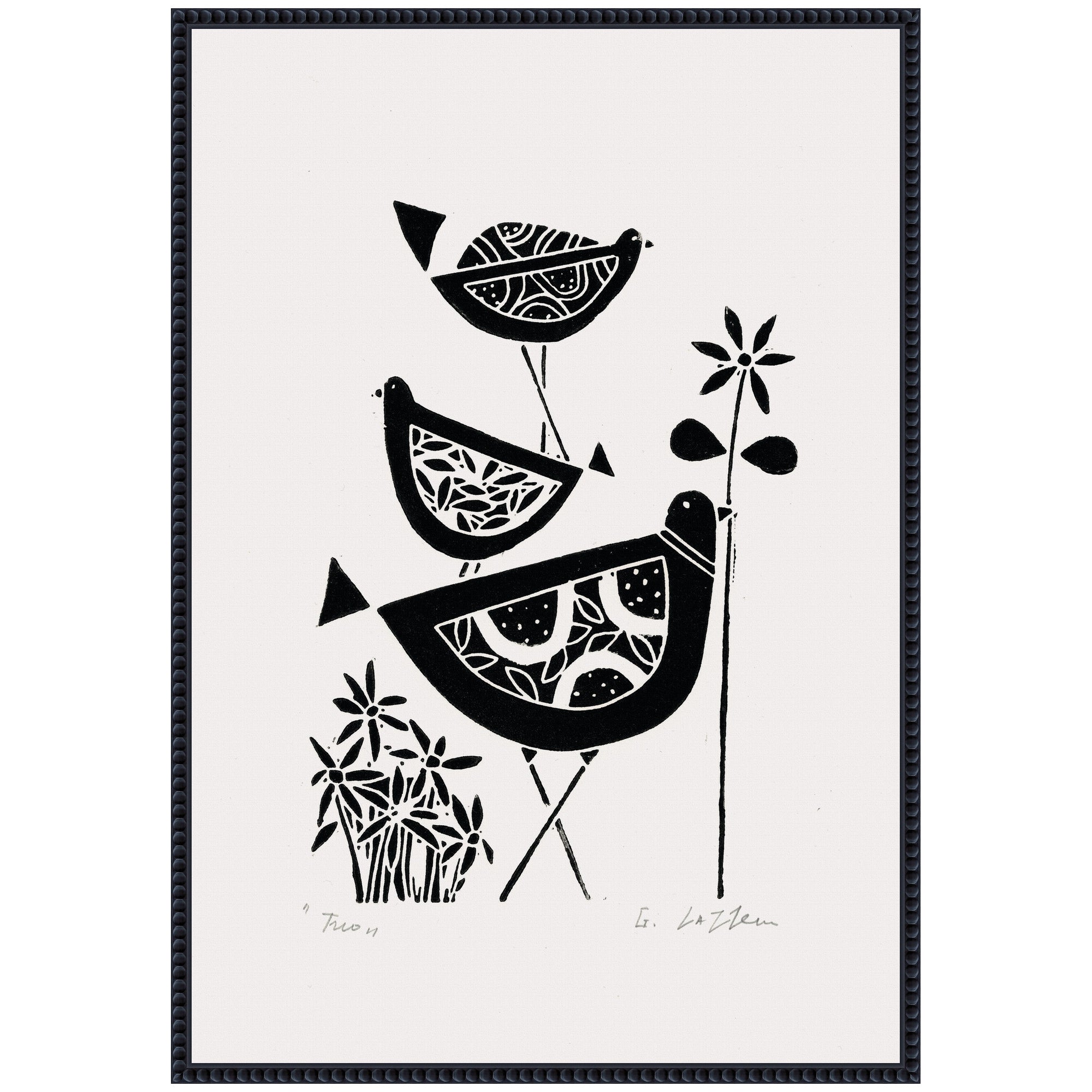 Sylvie Folk Bird Family Trio Linocut Framed Canvas by Giuliana Lazzerini