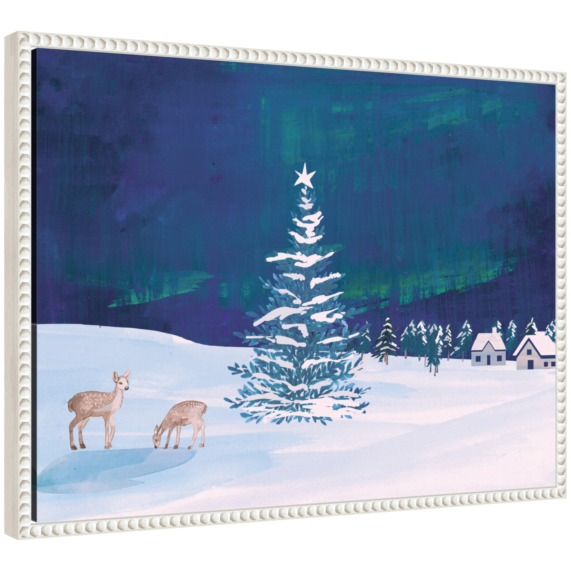 Framed canvas art titled Sylvie Beaded Northern Lights Winter by Teju Reval showing a winter night scene with northern lights.