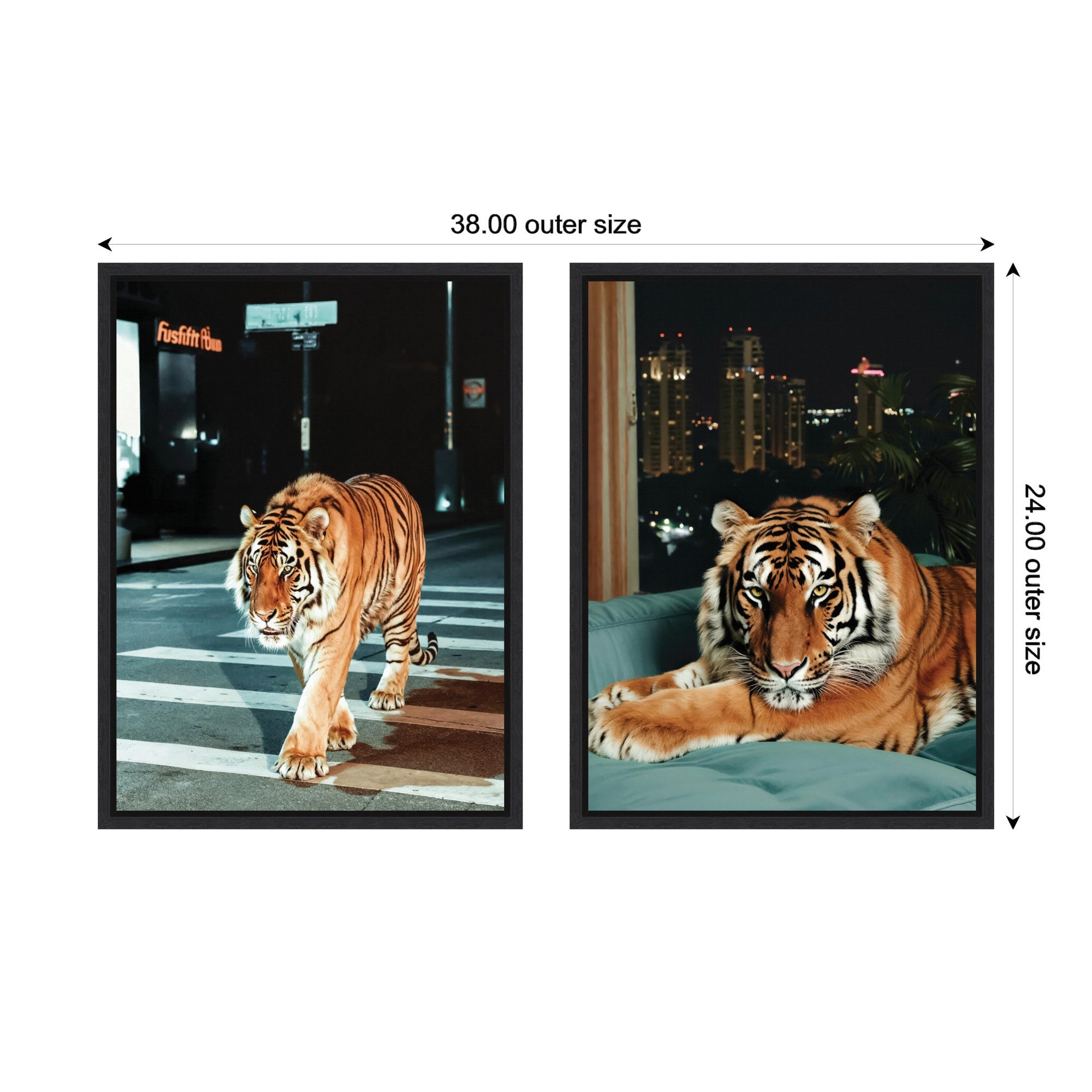 Sylvie Tiger in the City at Night Framed Canvas Art Set by Michael Schauer