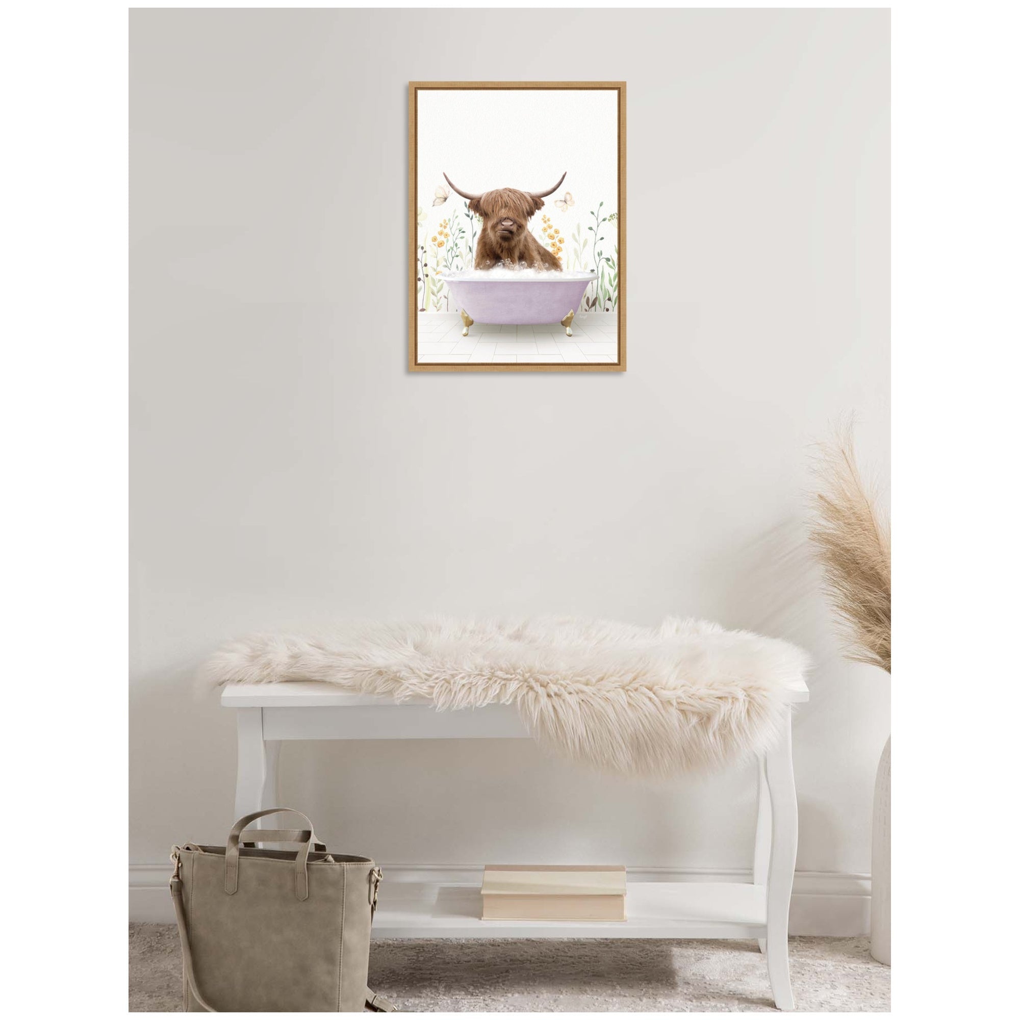 Sylvie Highland Cow in Spring Bathtub Framed Canvas