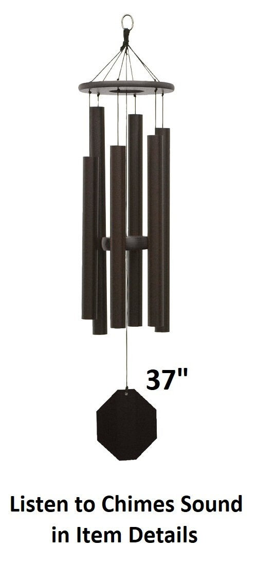 Amish handmade aluminum wind chimes in various sizes hanging outdoors