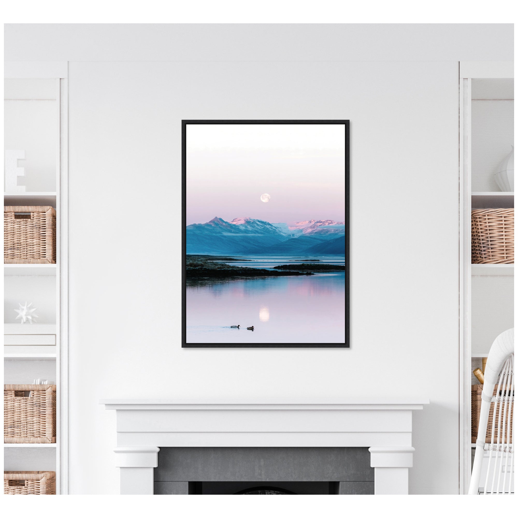 Sylvie Two Ducks in a Lake during Pastel Moonrise over Icelandic Mountains Framed Canvas by Michael Schauer