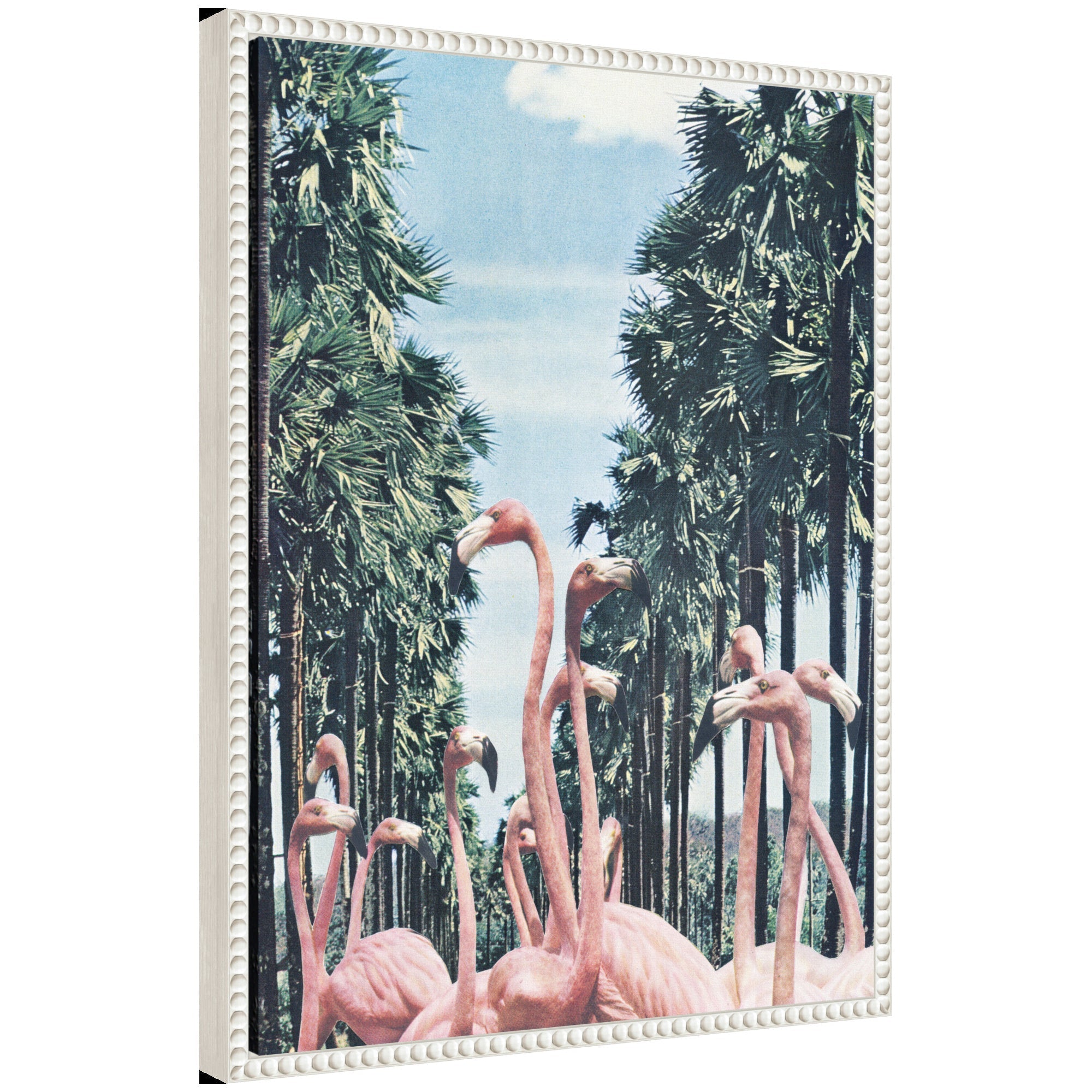 Sylvie Palm Trees and Flamingos framed canvas art by Sarah Eisenlohr, displaying palm trees and flamingos with vintage beaded frame