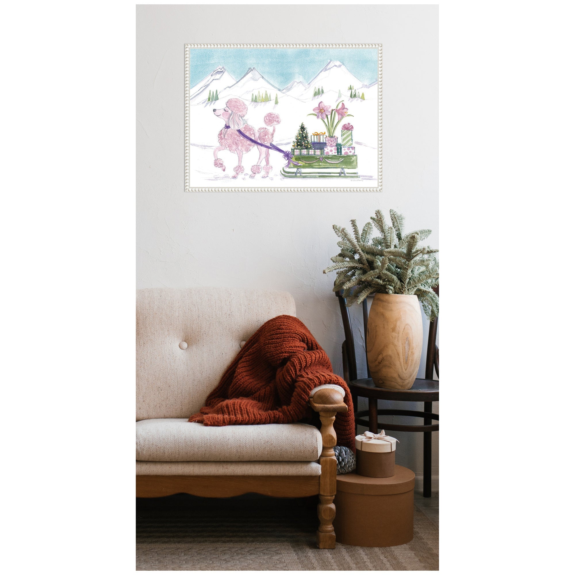 Sylvie Beaded Pink Poodle and Present Sled Framed Canvas by Patricia Shaw