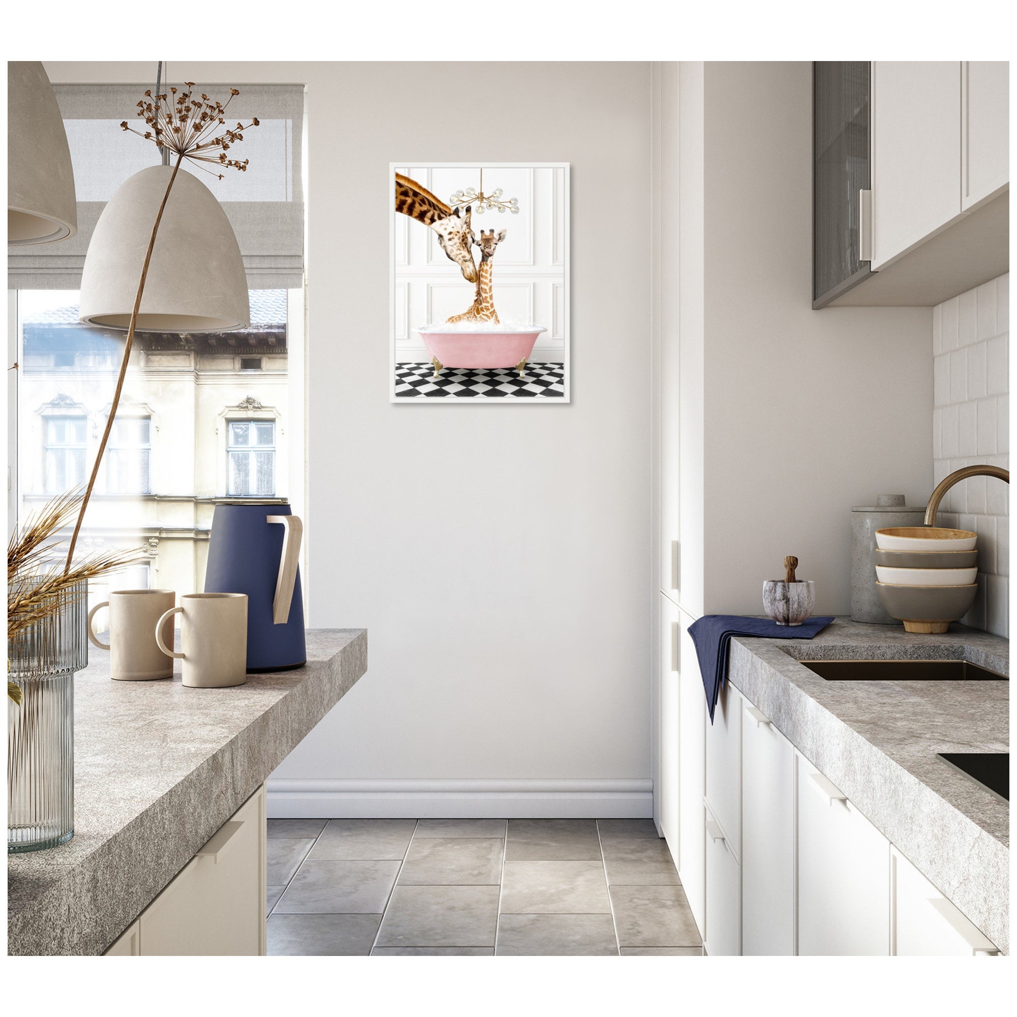 Sylvie Mother and Baby Giraffe in Pink Bathtub on Checker Floor Framed Canvas by Amy Peterson