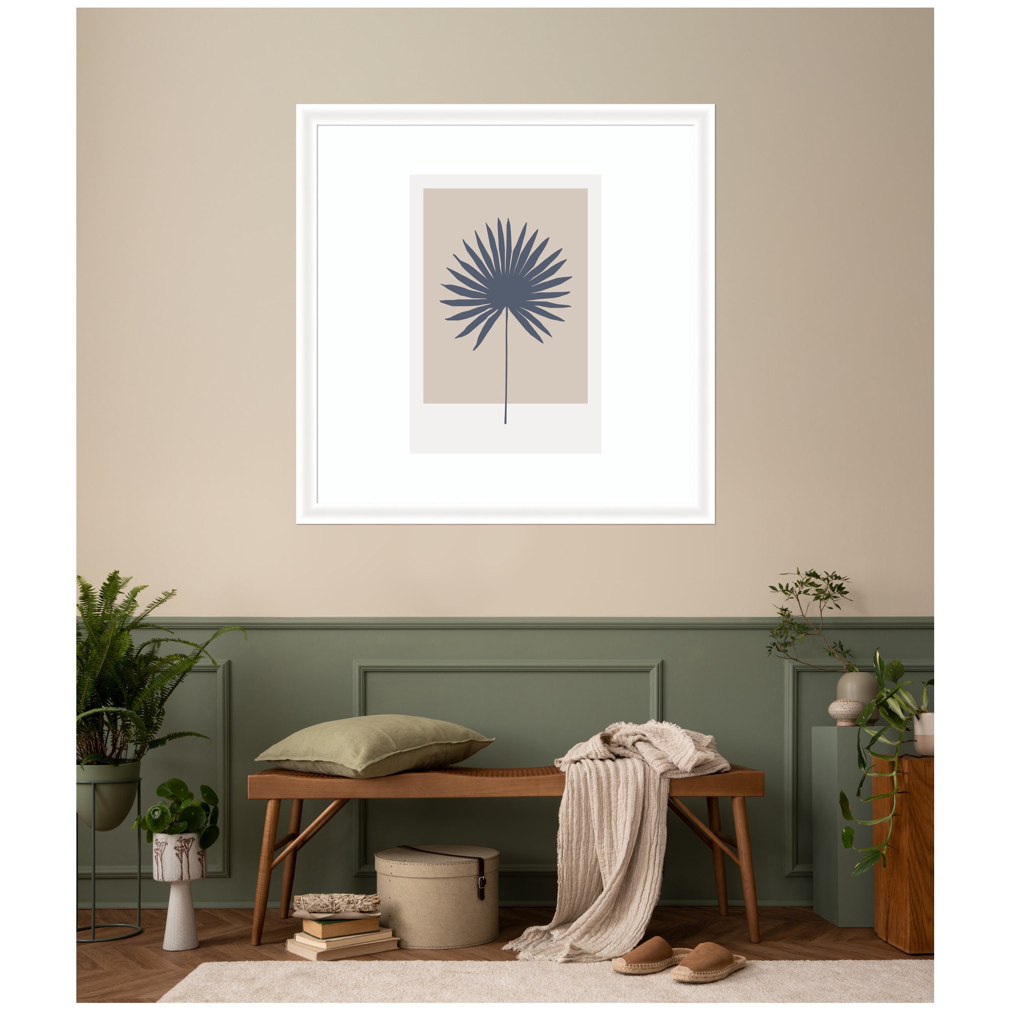 Muted Tan and Blue Colorblock Botanical Palm by The Creative Bunch Studio Framed Wall Art Print