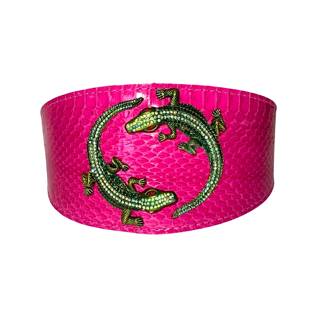 Fuchsia Pink Snake Collar with Green Rhinestone Alligators displayed on neutral background