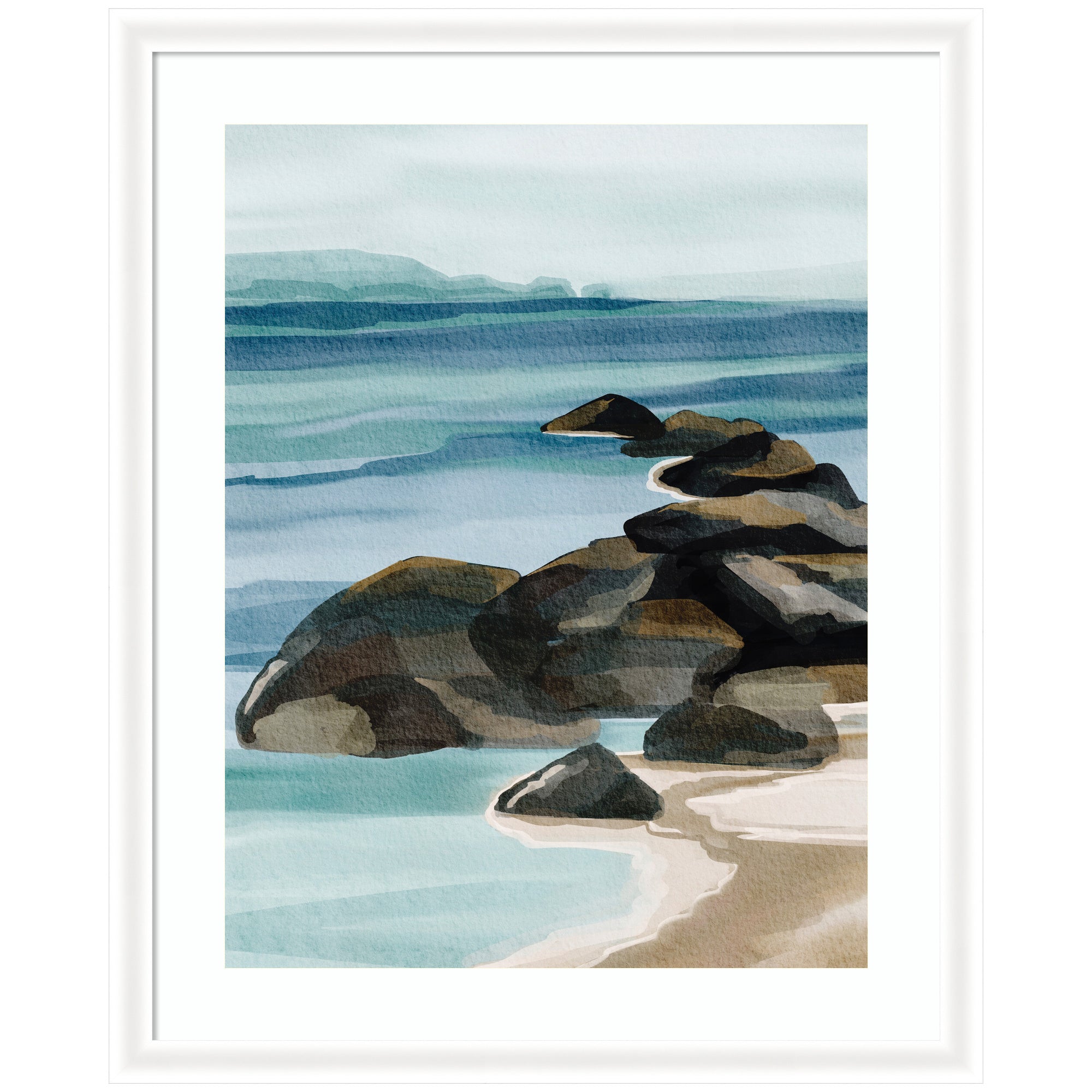 Framed Art Ocean Breeze ll depicting a watercolor coastal scene with sandy beach and large rocks jutting out into ocean