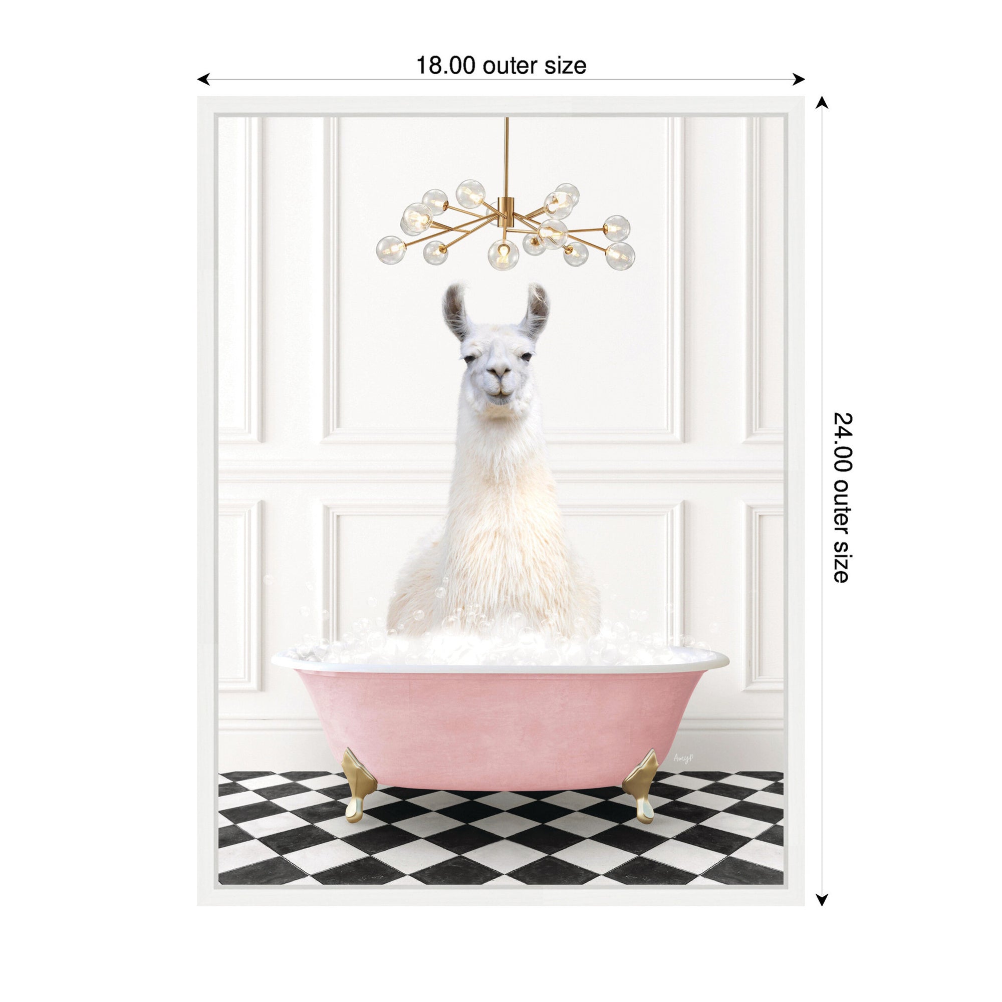Sylvie Llama in Pink Bathtub on Checker Floor Framed Canvas by Amy Peterson