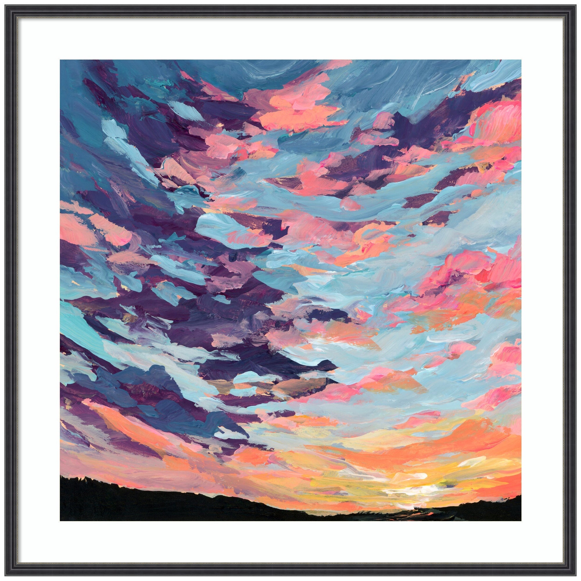 Framed Art Sunset Study by Emily Kenney showing an abstract sunset in shades of pink, purple, and blue with dark horizon, held in a slim black frame