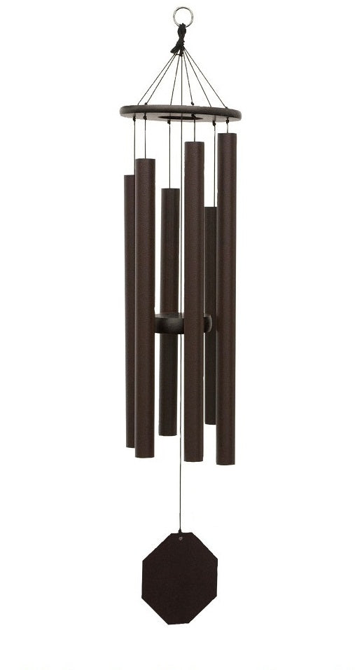 Amish handmade aluminum wind chimes in various sizes hanging outdoors