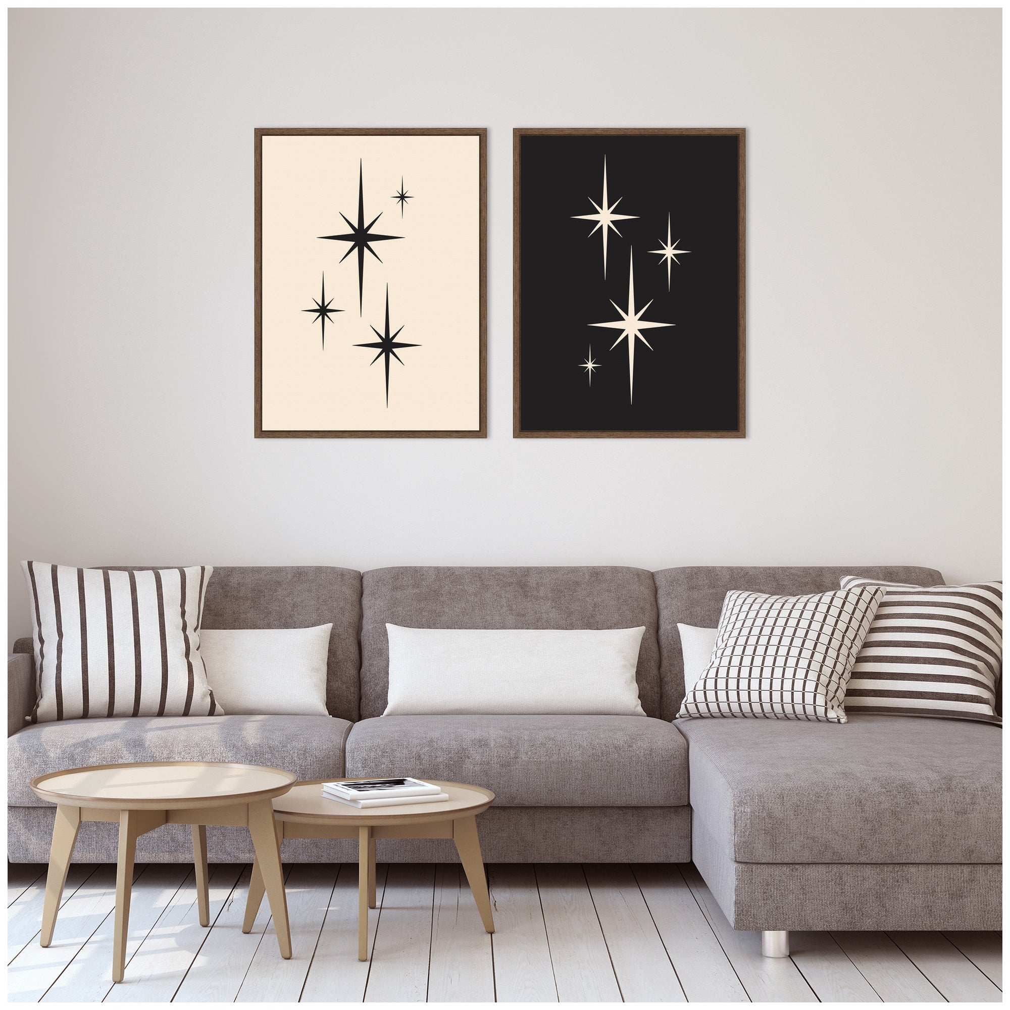 Starburst Retro Atomic 70s Style MCM Minimalist 2 Piece Framed Canvas Wall Art Set by Lucky Guava