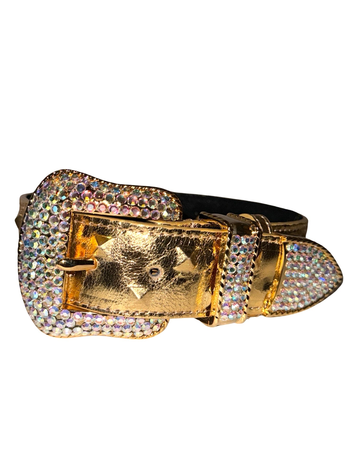 Gold embossed studded leather collar with large Swarovski crystal buckle on white background