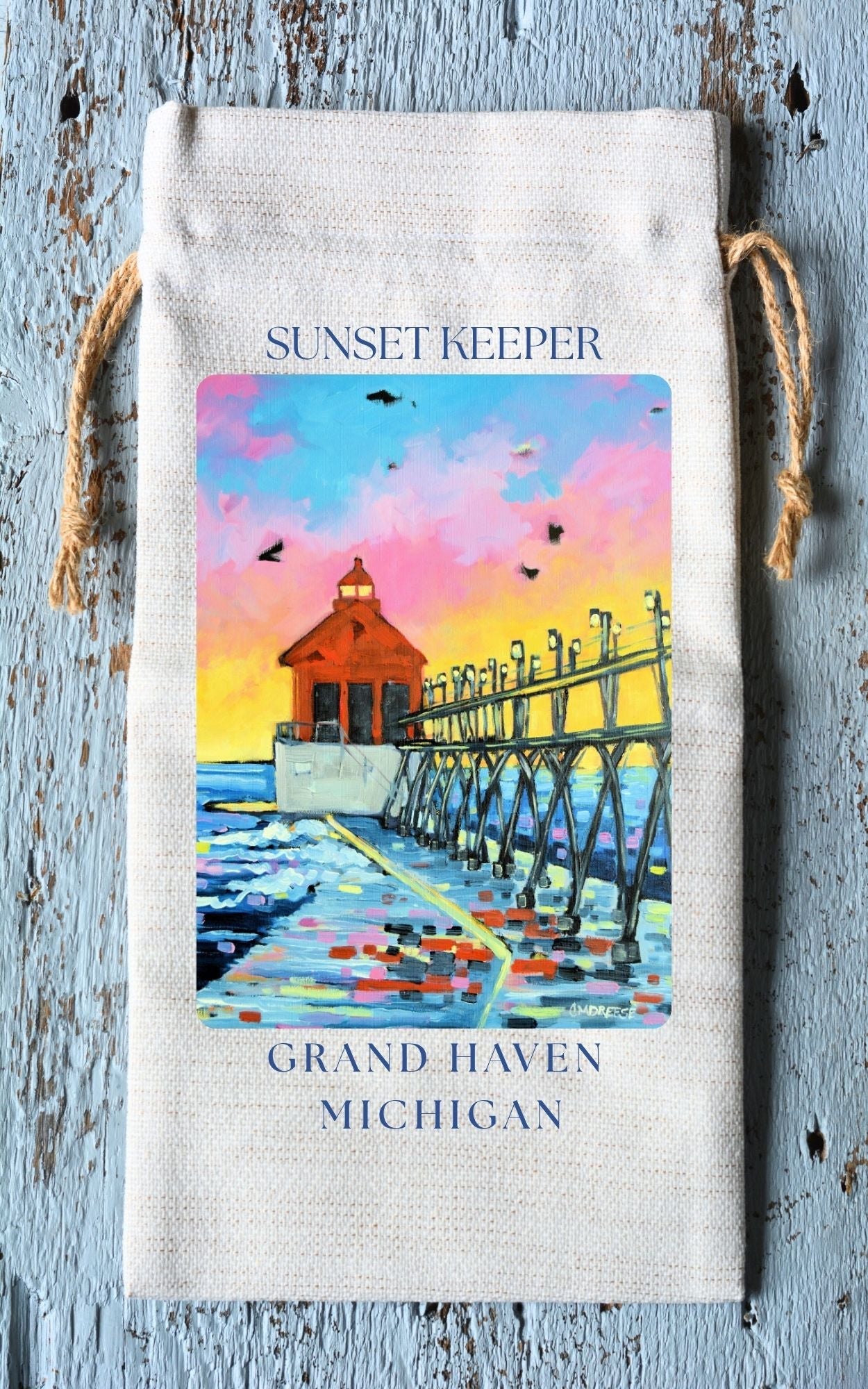 Wine Tote: Grand Haven Lighthouse - Sunset Keeper by Dreese Fine Art - Resin Society