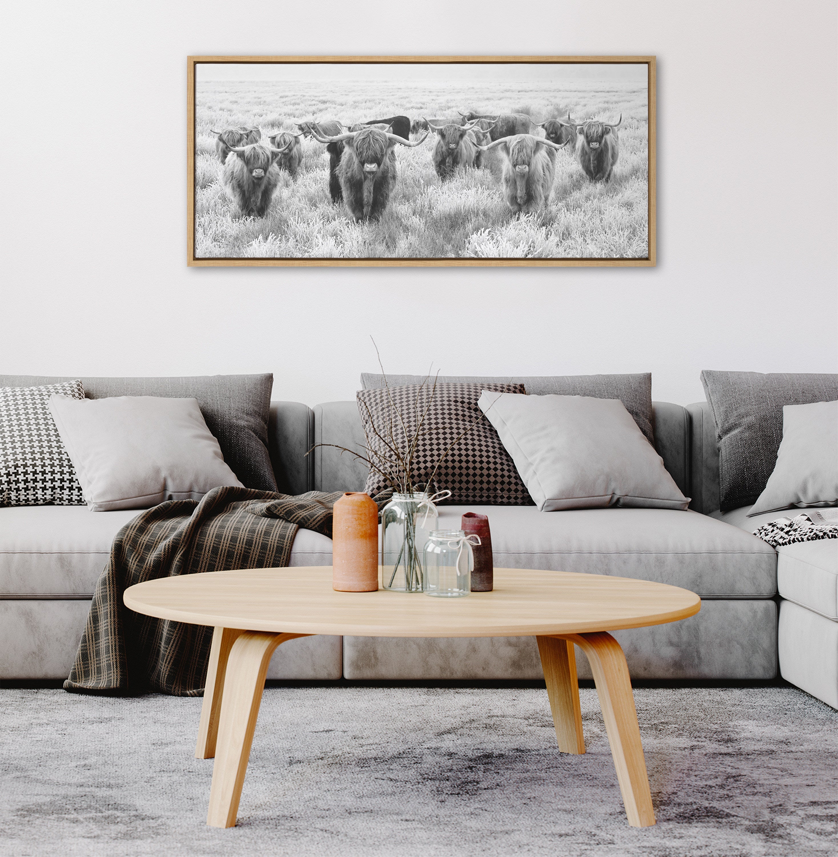 Sylvie Herd of Highland Cows Black and White Framed Canvas by The