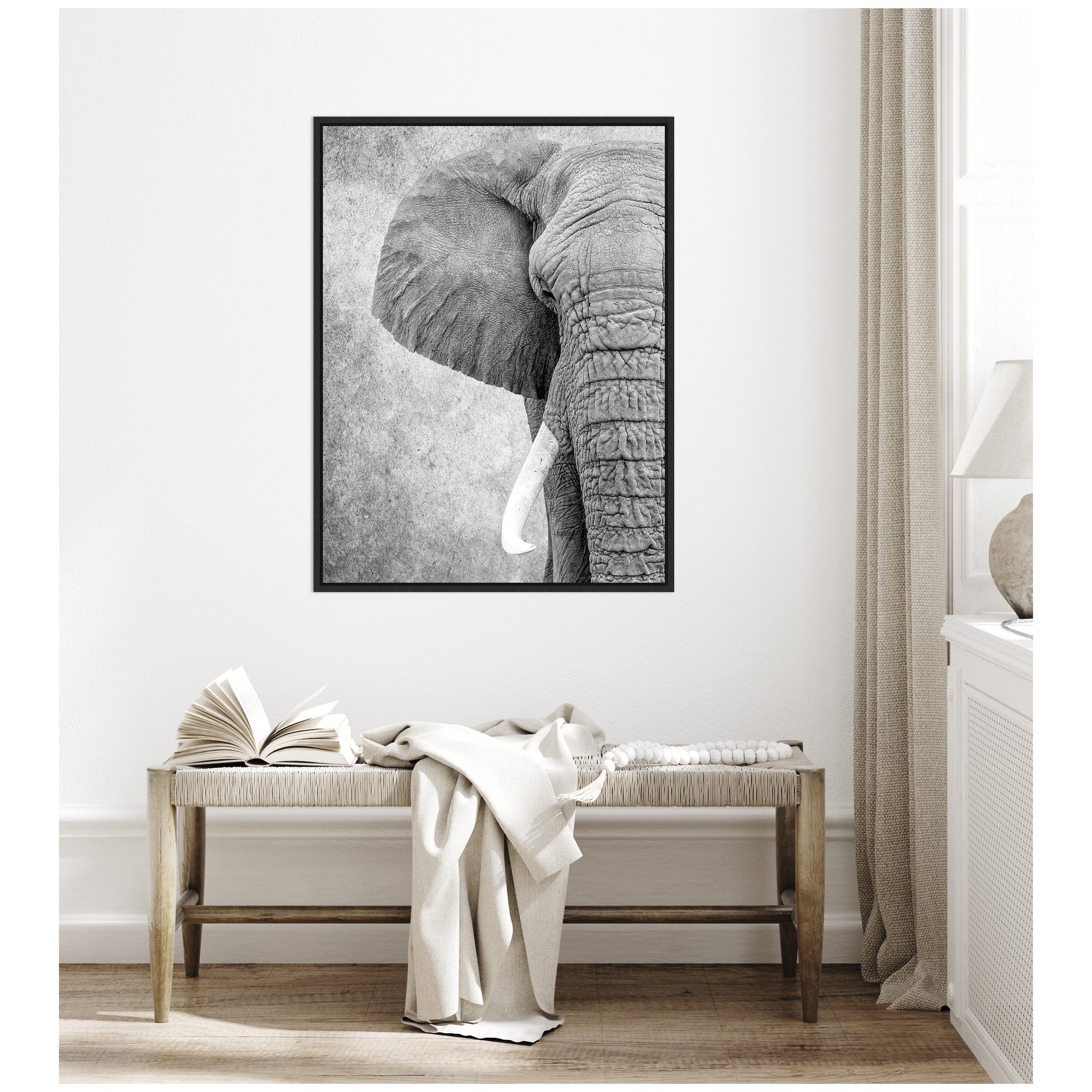 Sylvie Black and White Minimalist Safari Elephant Framed Canvas by kateandlaurel - product image 7 for Resin Society
