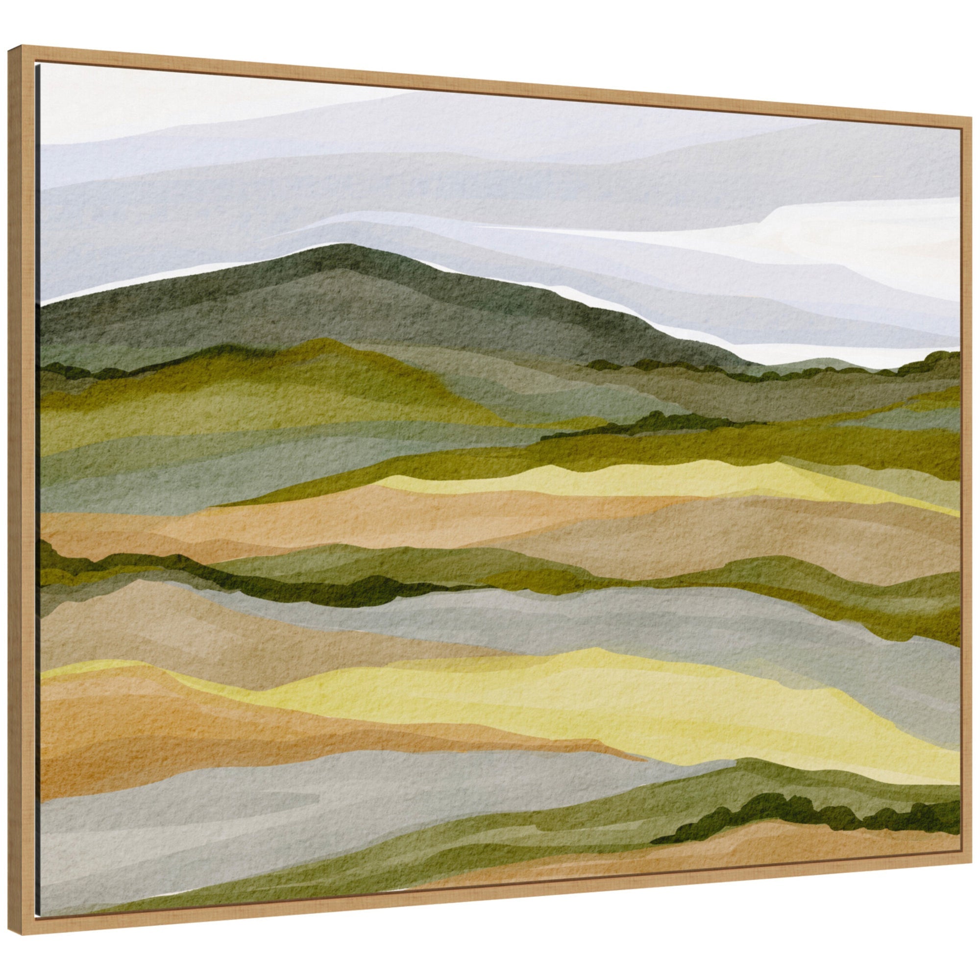 Framed abstract canvas art titled Sylvie Gentle Wilderness by Nikita Jariwala, showing muted earth tones in a starburst pattern with a modern black frame.