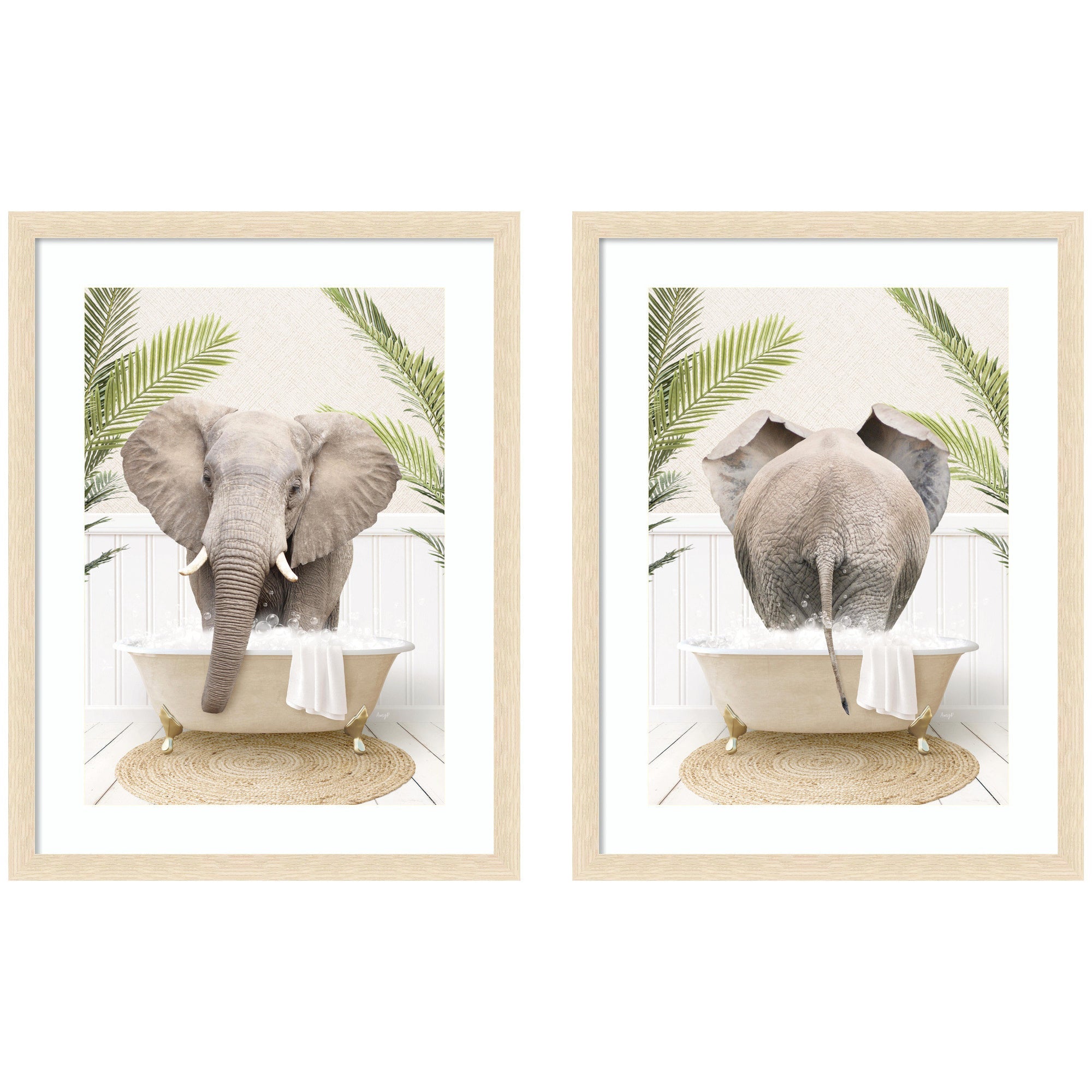 Elephant Palm Bathtub 2 Piece Framed Wall Art Print Set showing botanical and bathtub imagery in black frames