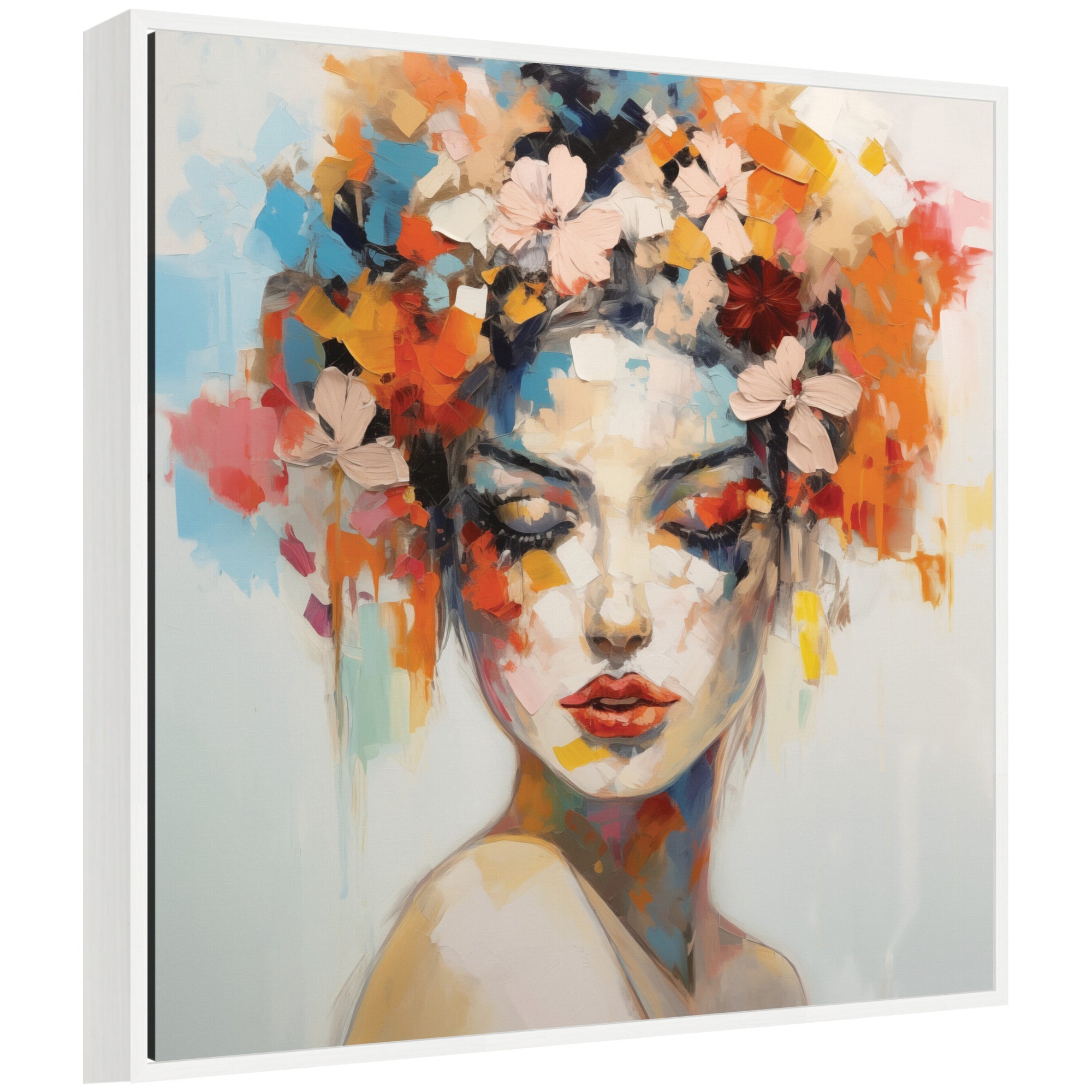 Framed canvas art titled Sylvie Female Figure Colorful Flowers In Hair by The Creative Bunch Studio, showing abstract female portrait with vibrant floral accents in hair.