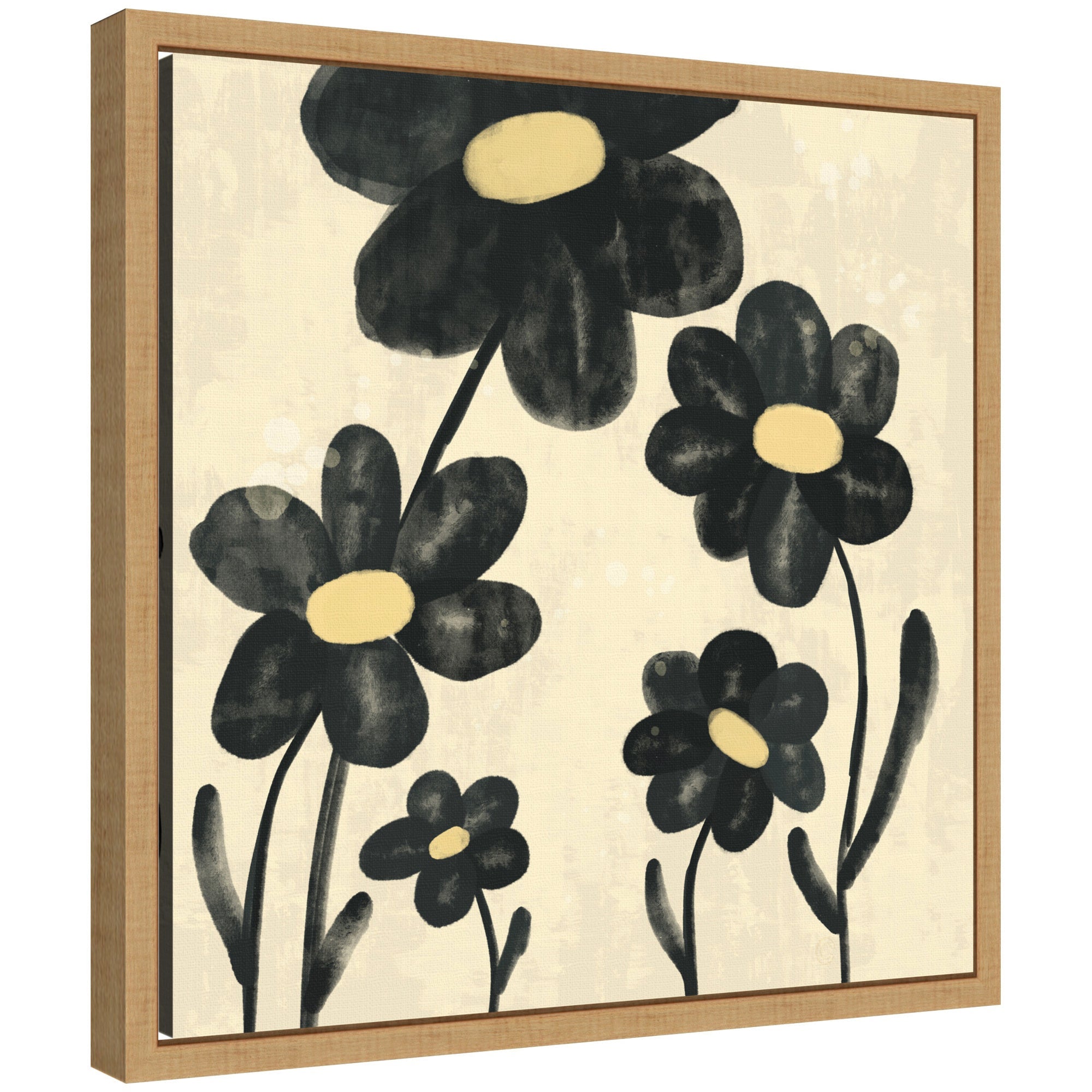 Sylvie Black Flowers Framed Canvas showing abstract black floral shapes on white with modern polystyrene frame