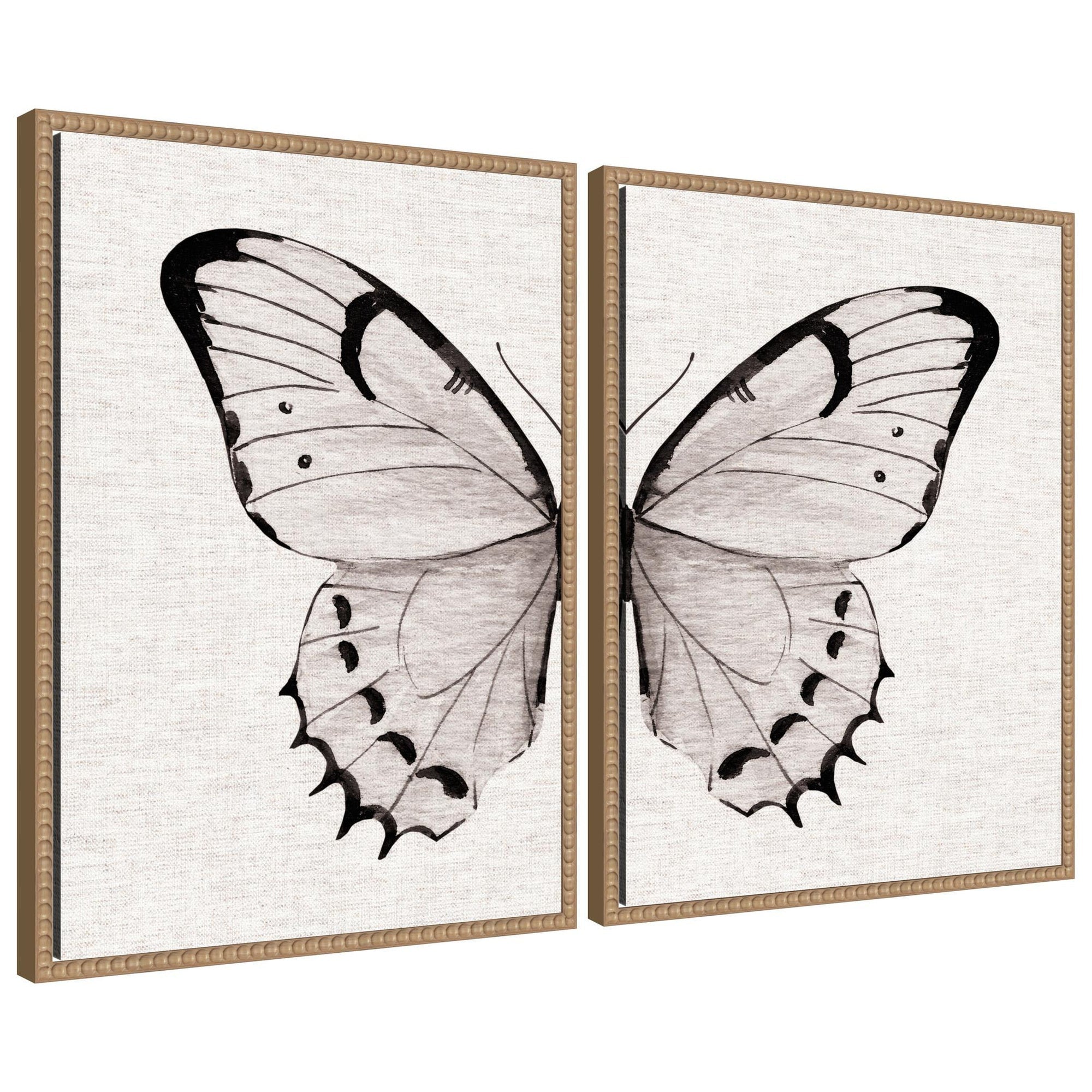 Sylvie Beaded Minimal Butterfly Watercolor Neutral Linen - 2 Piece Framed Canvas Art Set