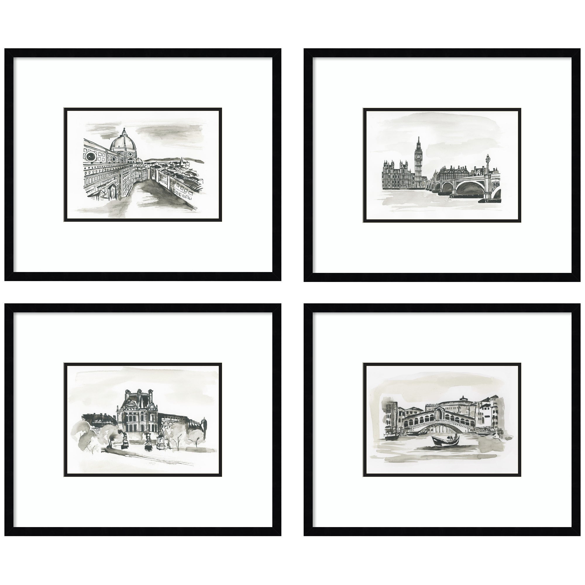 Vintage Europe 4 Piece Framed Wall Art Print Set by Teju Reval displayed on a wall