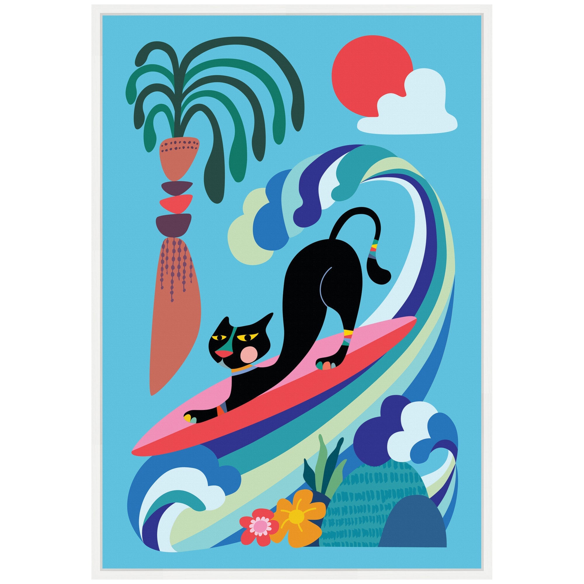Sylvie Vibrant Whimsical Ocean Surf Cat Framed Canvas by Rachel Lee