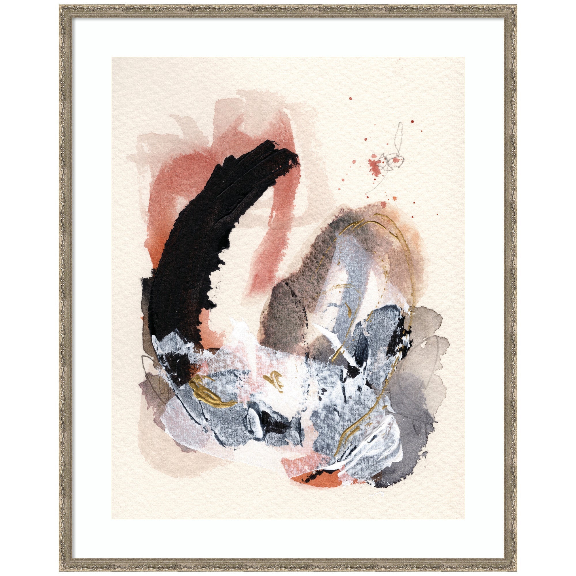 Framed abstract art Urban Wanderer 3 by Xizhou Xie showing earthy tones of red, black, white, and gold accents in dark silver frame