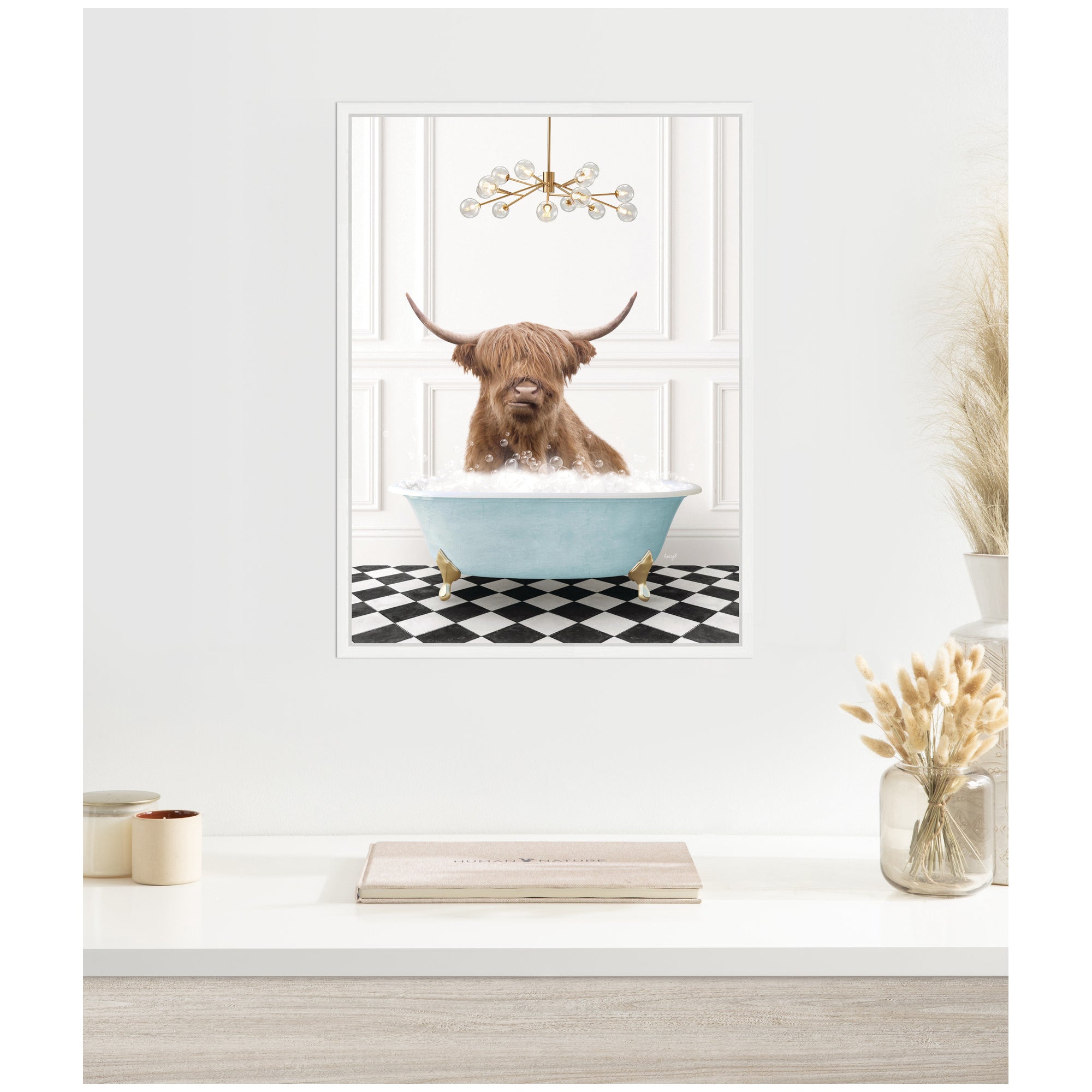 Sylvie Highland Cow in Blue Bathtub on Checker Floor Framed Canvas by Amy Peterson