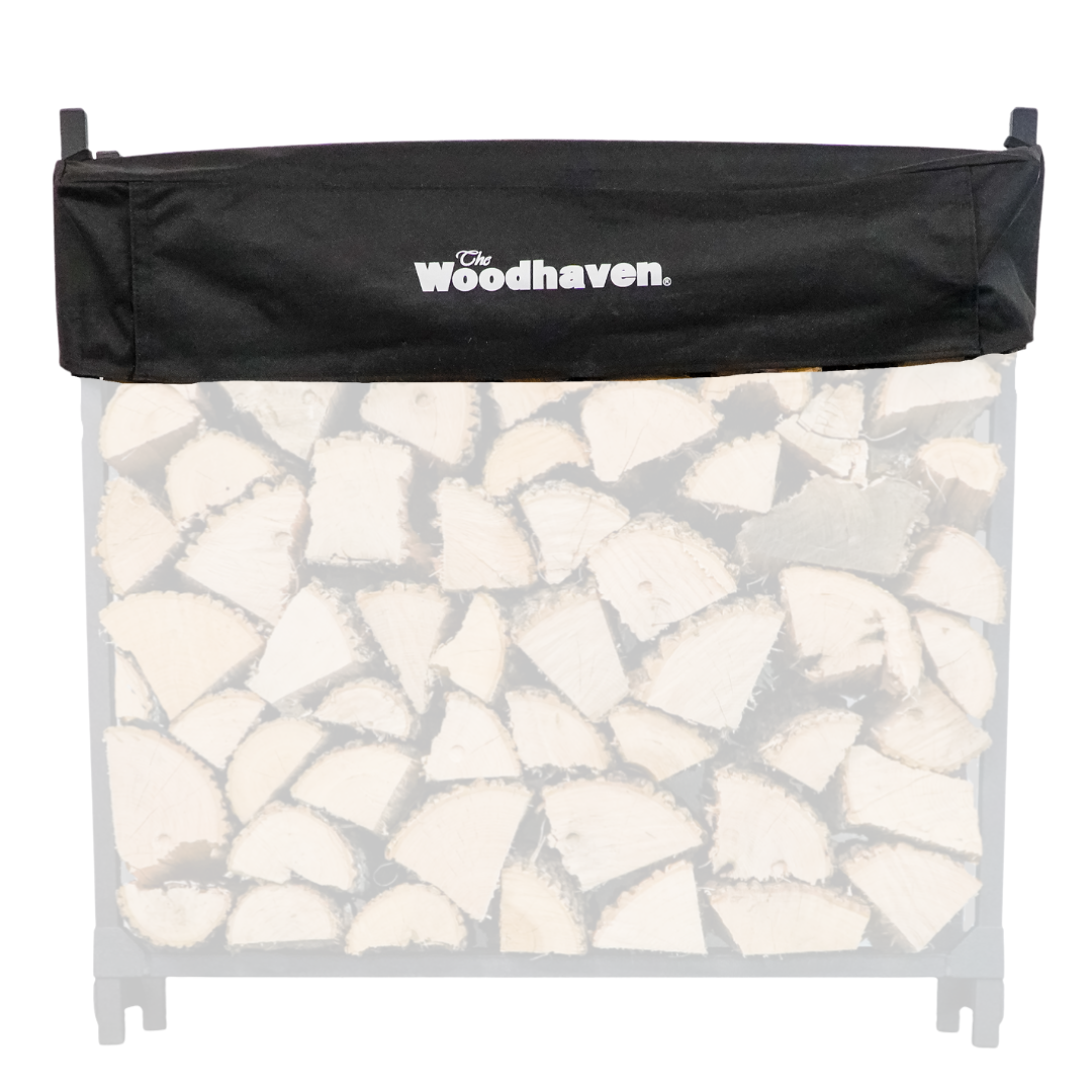 Woodhaven Short Firewood Rack Seasoning Cover in black on a firewood rack