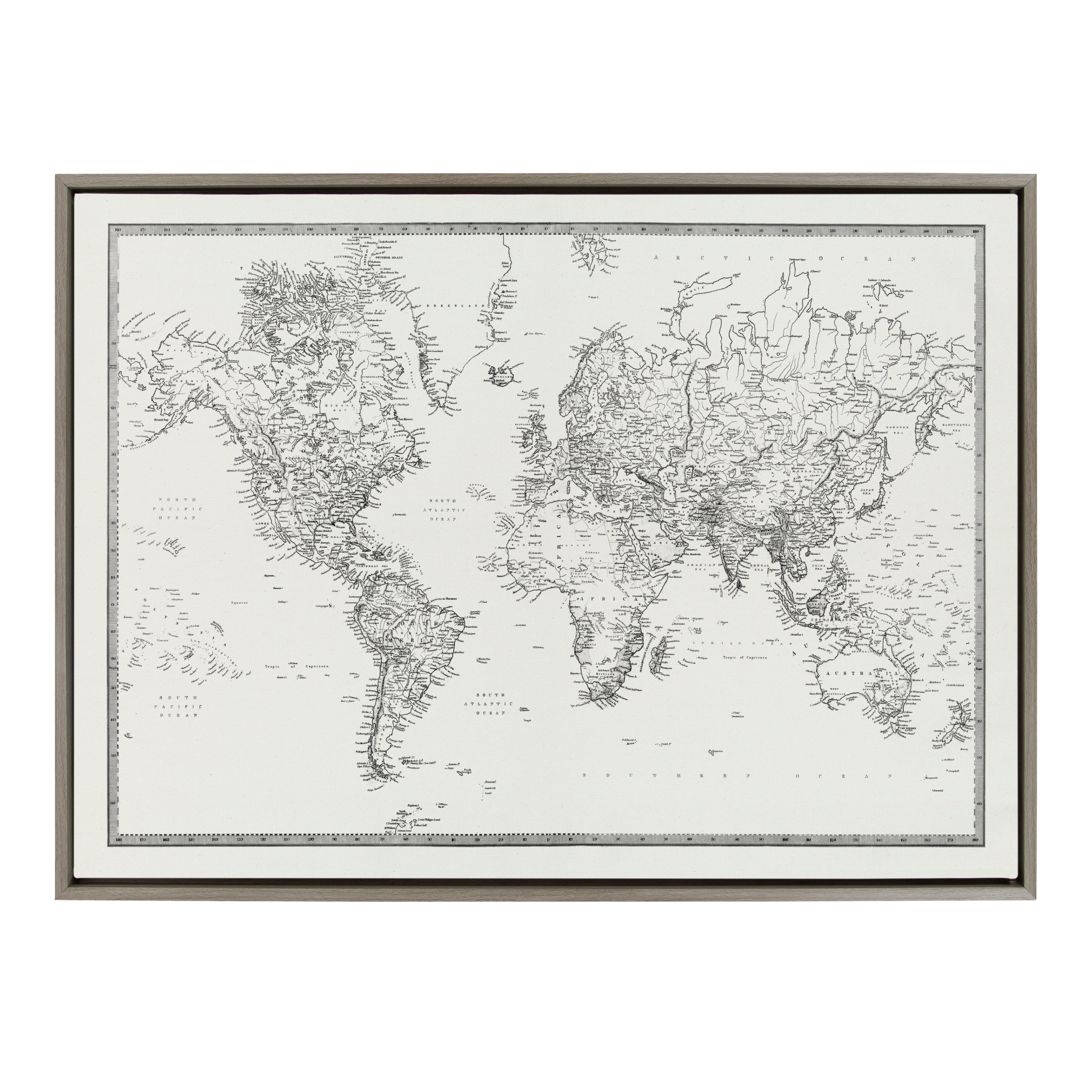 Sylvie Vintage Black and White World Map Framed Canvas by The Creative